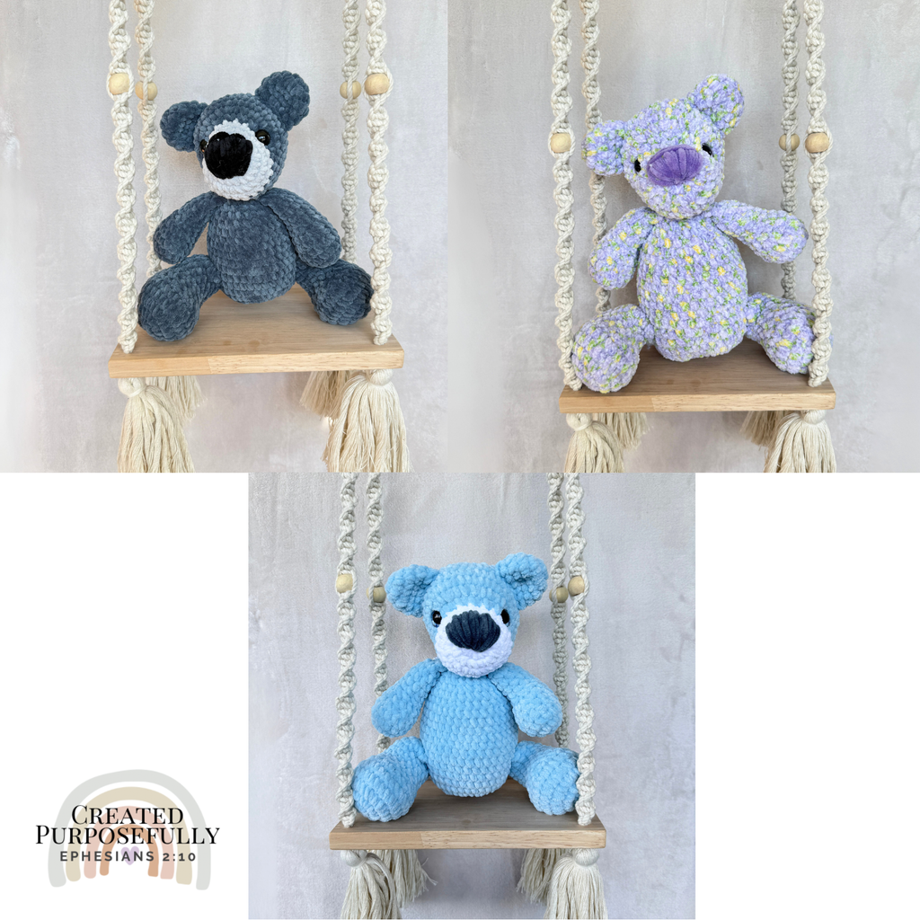 Handmade crochet bear plush in blue, gray, or purple mixed colors made with soft plush yarn and adorable handmade details