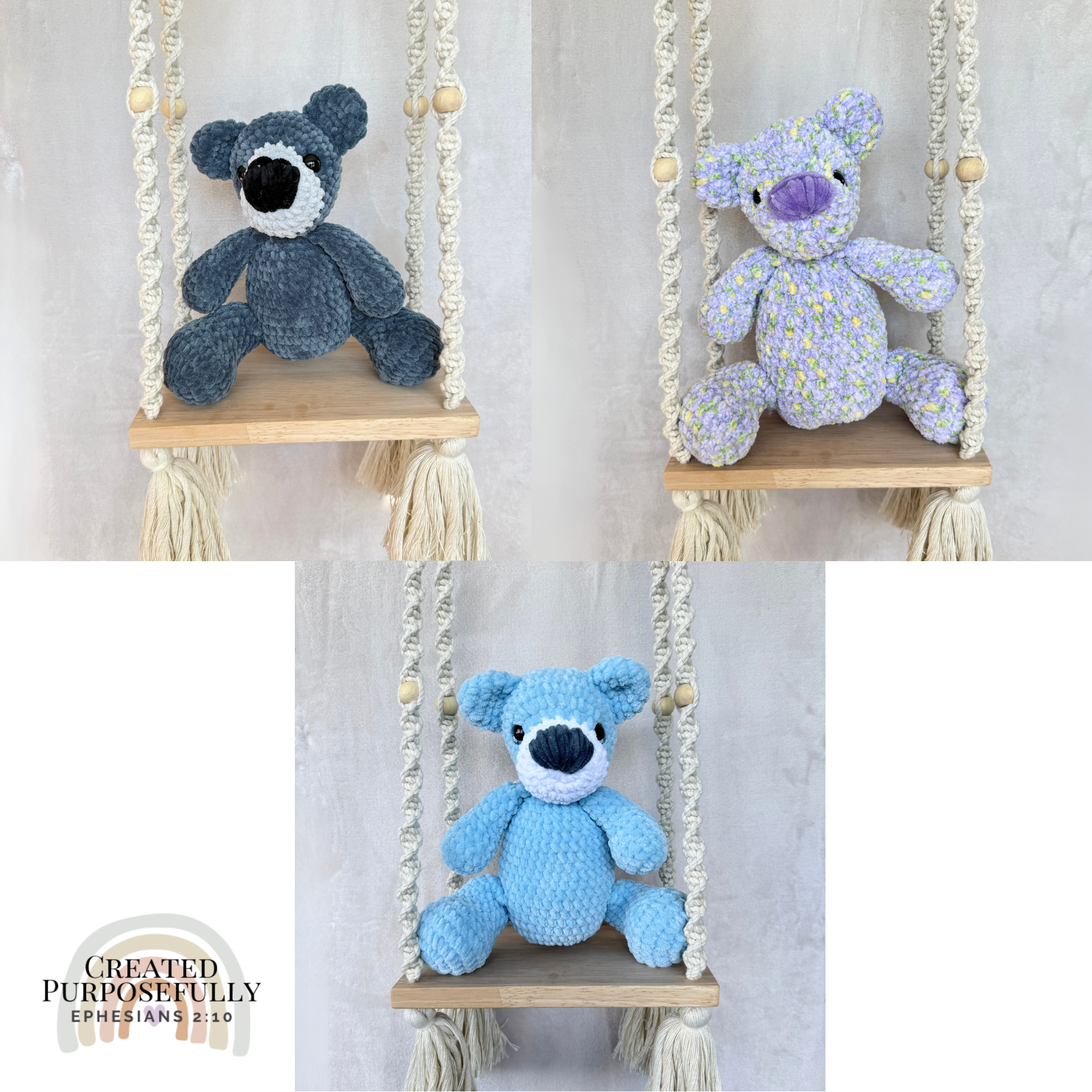 Handmade crochet bear plush in blue, gray, or purple mixed colors made with soft plush yarn and adorable handmade details