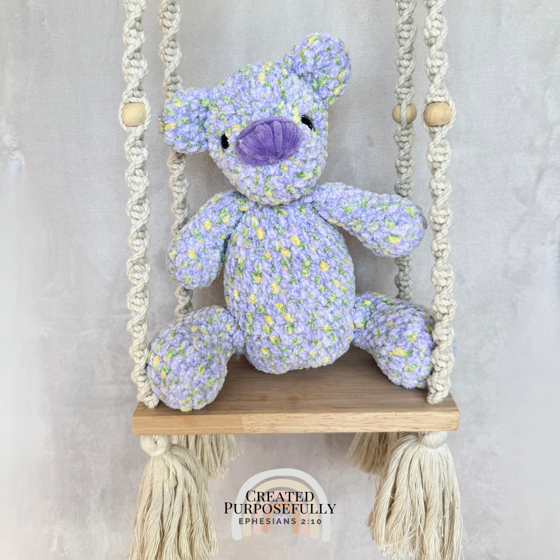 Handmade crochet bear plush in blue, gray, or purple mixed colors made with soft plush yarn and adorable handmade details