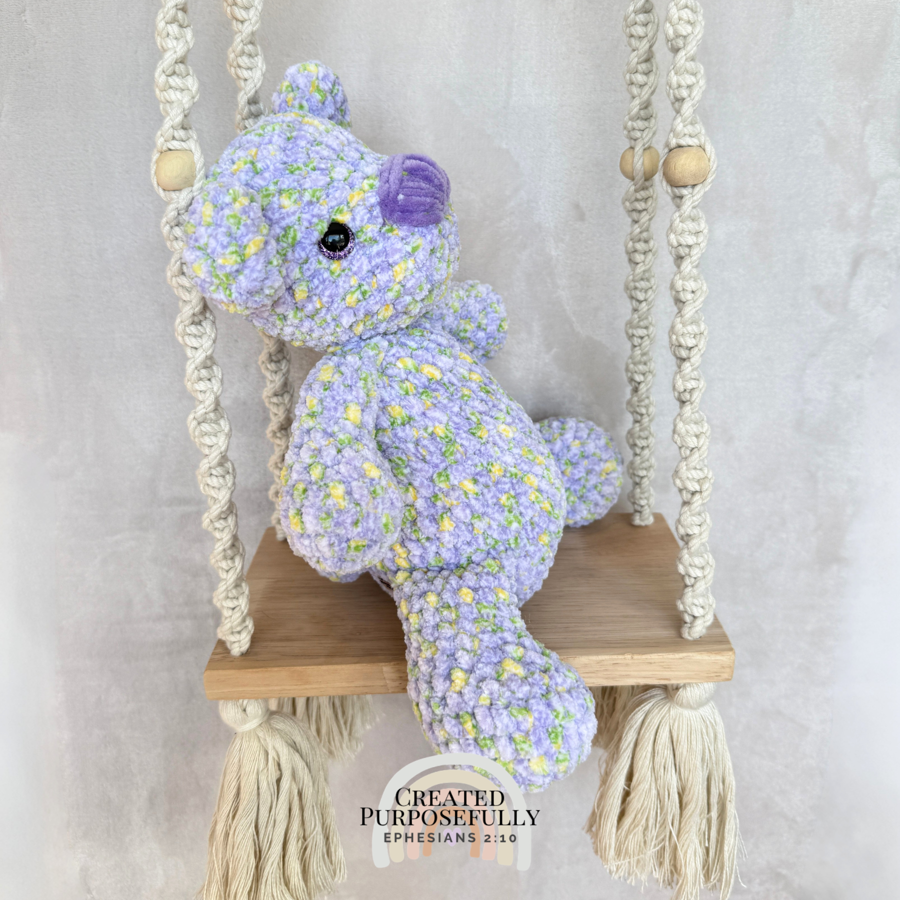 Handmade crochet bear plush in blue, gray, or purple mixed colors made with soft plush yarn and adorable handmade details