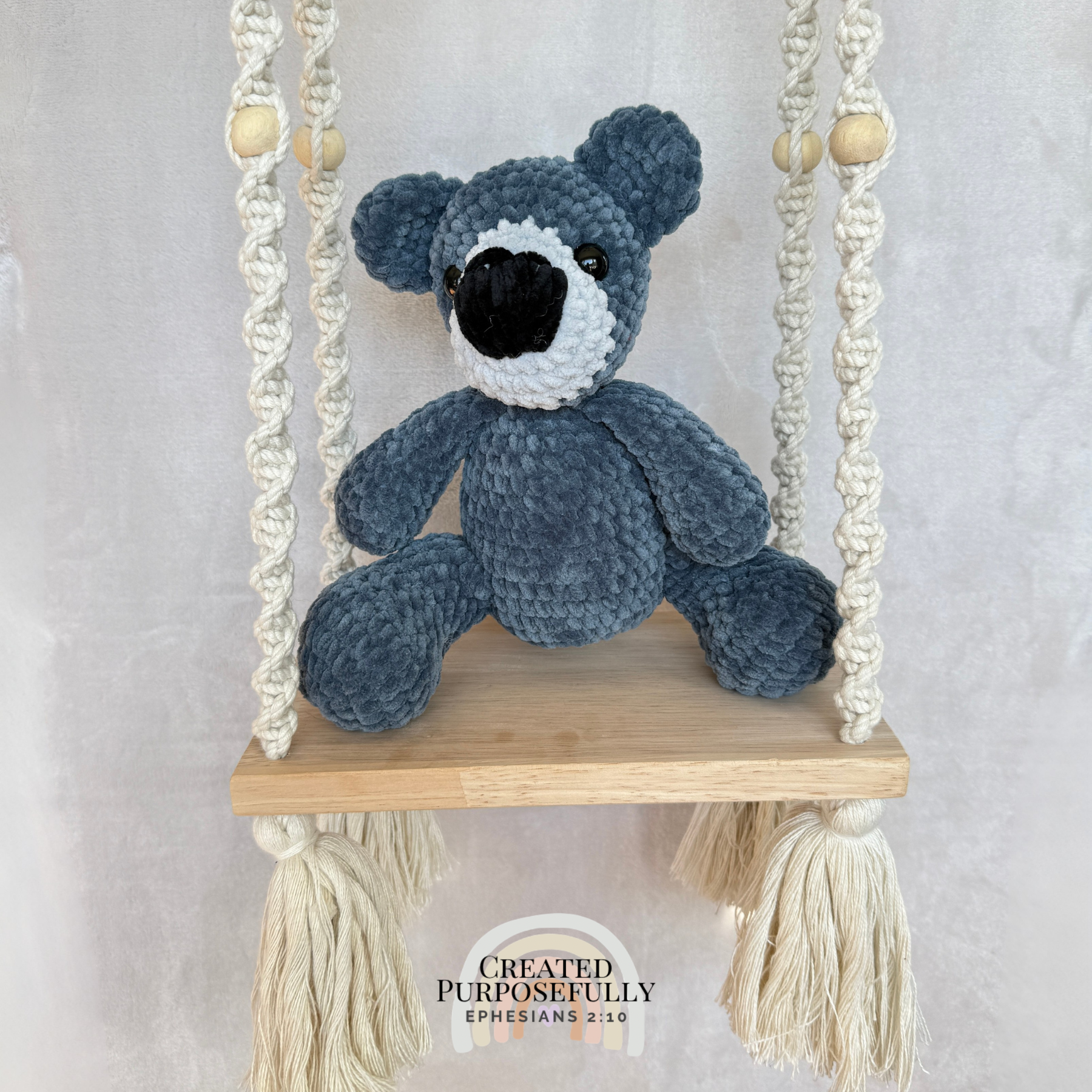 Handmade crochet bear plush in blue, gray, or purple mixed colors made with soft plush yarn and adorable handmade details