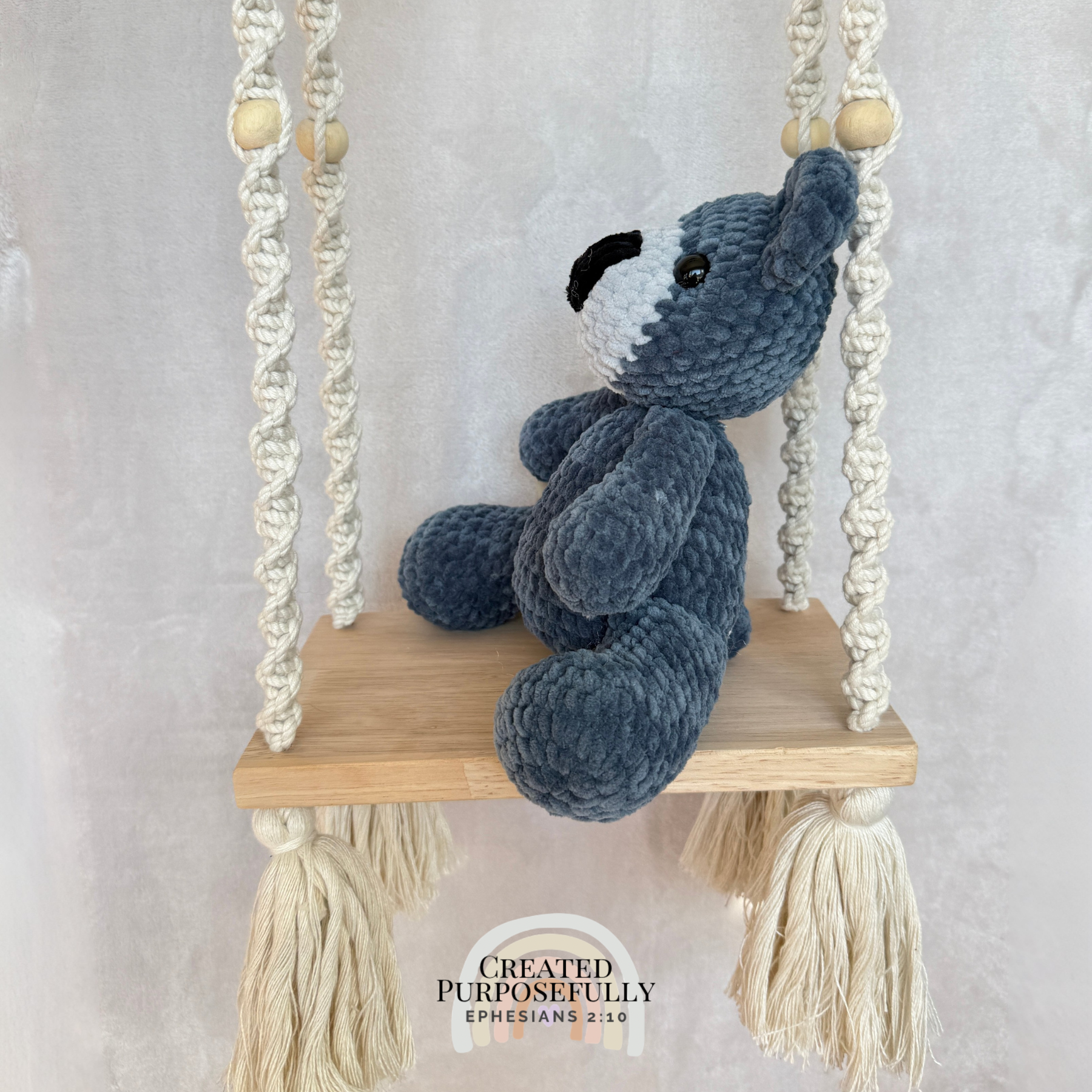 Handmade crochet bear plush in blue, gray, or purple mixed colors made with soft plush yarn and adorable handmade details