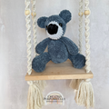 Handmade crochet bear plush in blue, gray, or purple mixed colors made with soft plush yarn and adorable handmade details