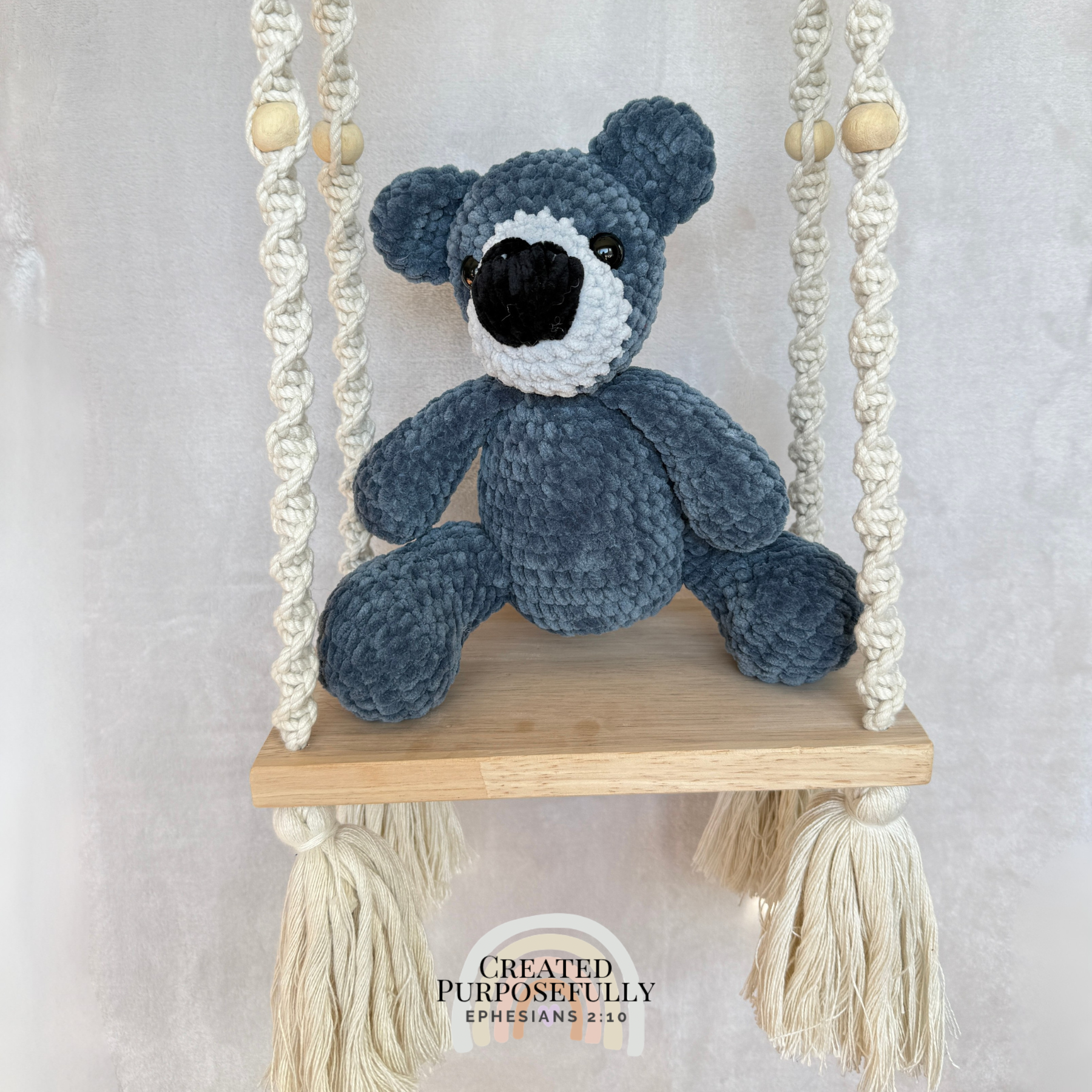 Handmade crochet bear plush in blue, gray, or purple mixed colors made with soft plush yarn and adorable handmade details