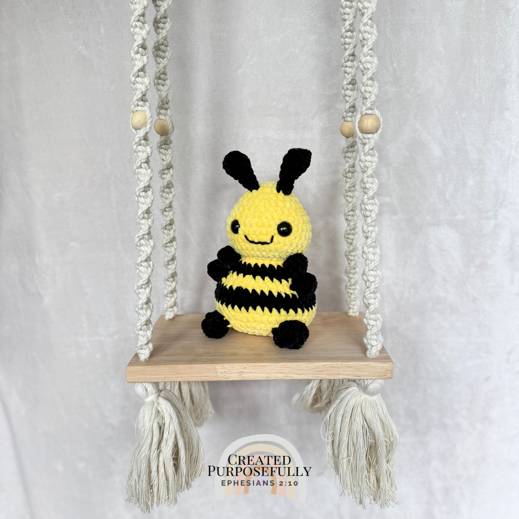 Handmade crochet bee plush with yellow and black stripes and soft wings by Created Purposefully