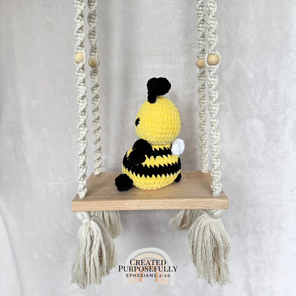 Handmade crochet bee plush with yellow and black stripes and soft wings by Created Purposefully