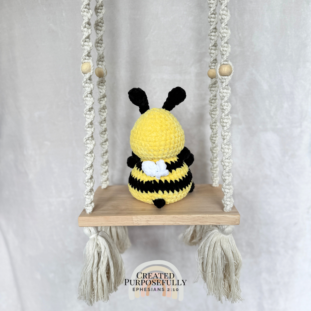 Handmade crochet bee plush with yellow and black stripes and soft wings by Created Purposefully