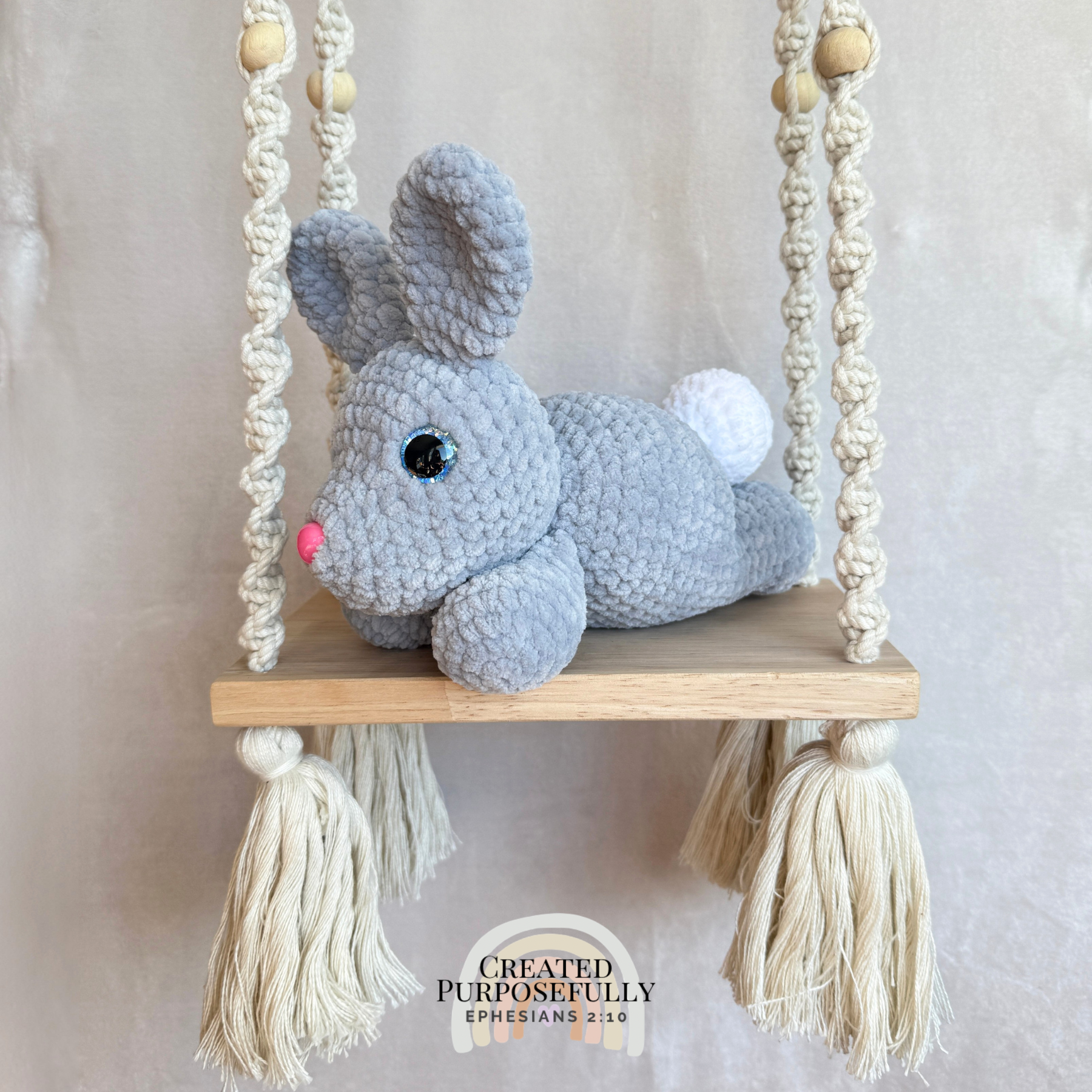 Handmade crochet bunny plush made with soft plush yarn and adorable handmade details