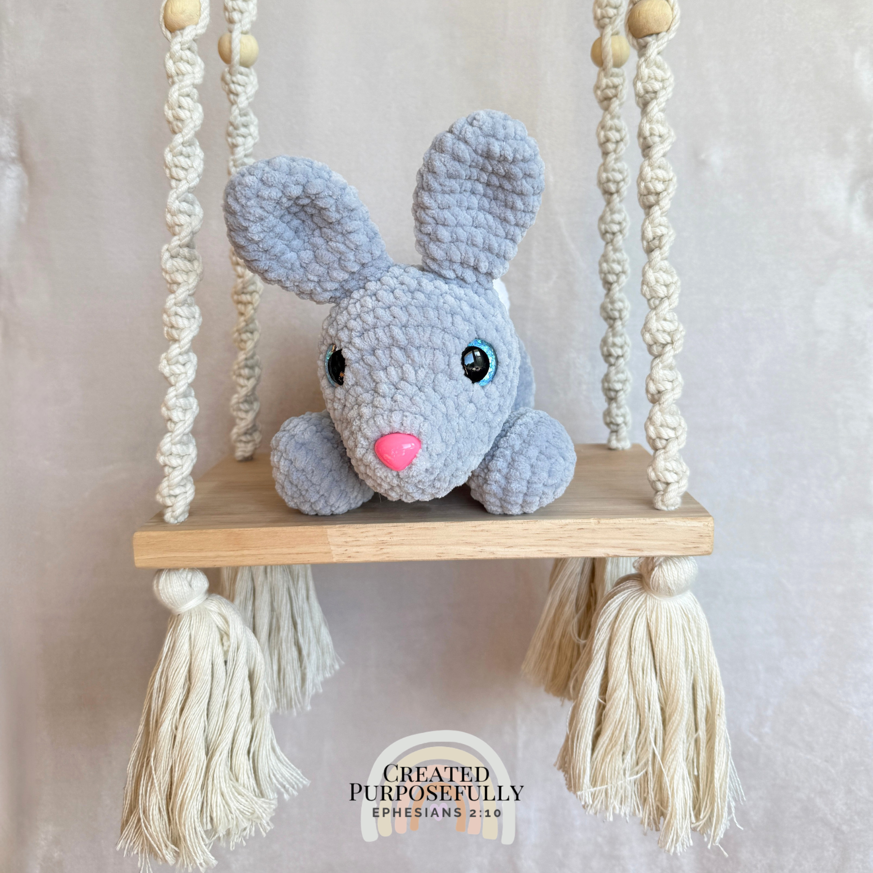 Handmade crochet bunny plush made with soft plush yarn and adorable handmade details
