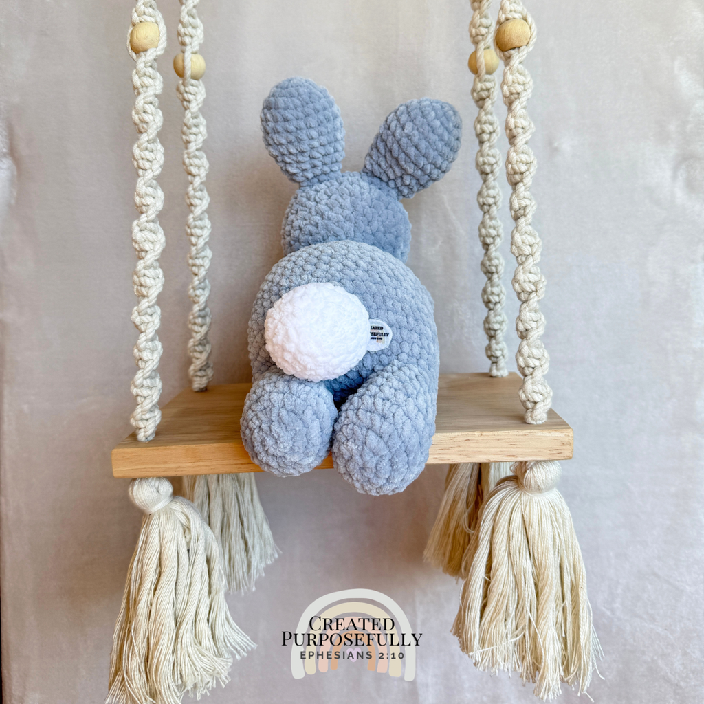 Handmade crochet bunny plush made with soft plush yarn and adorable handmade details