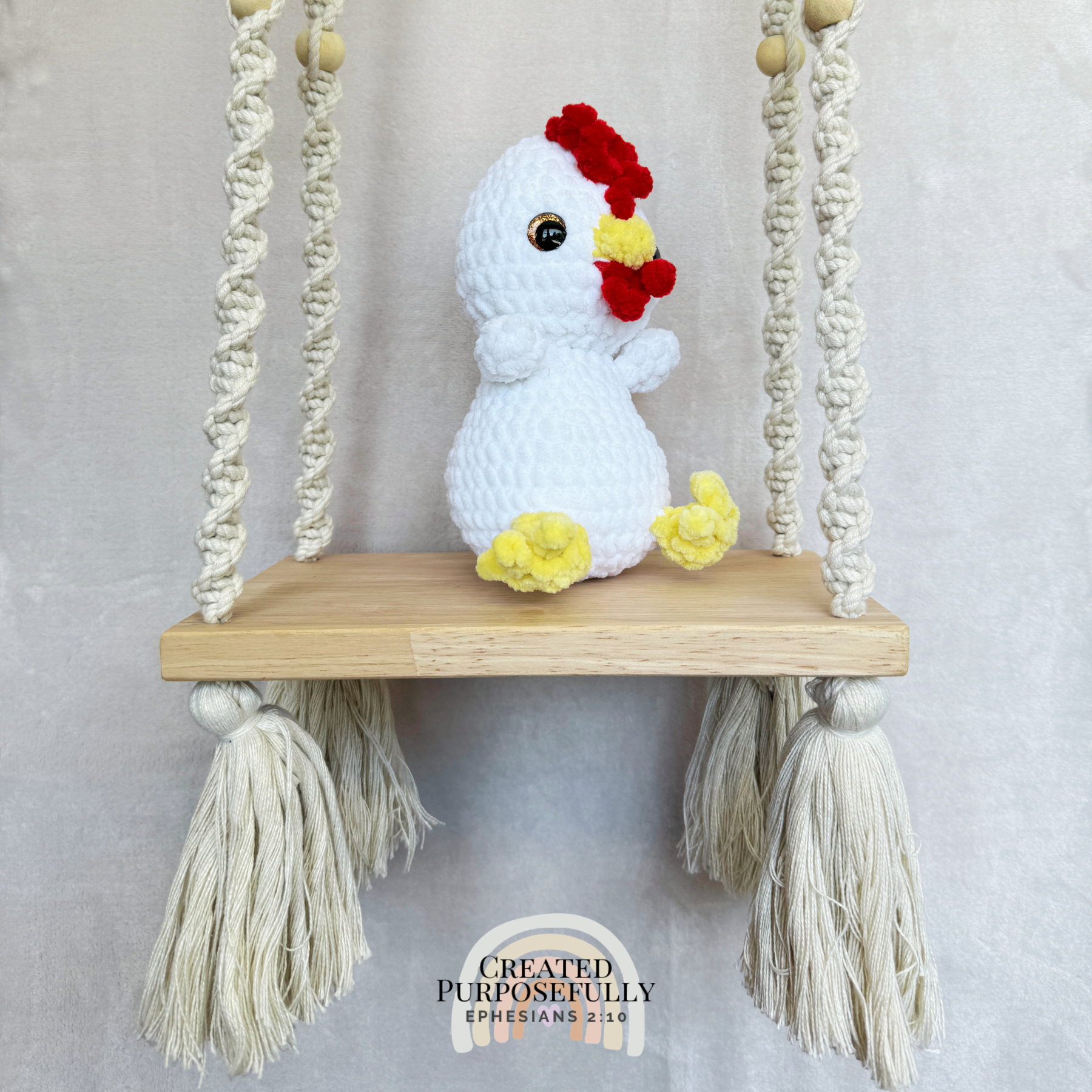 Handmade crochet chicken plush made with soft plush yarn and adorable farm animal details
