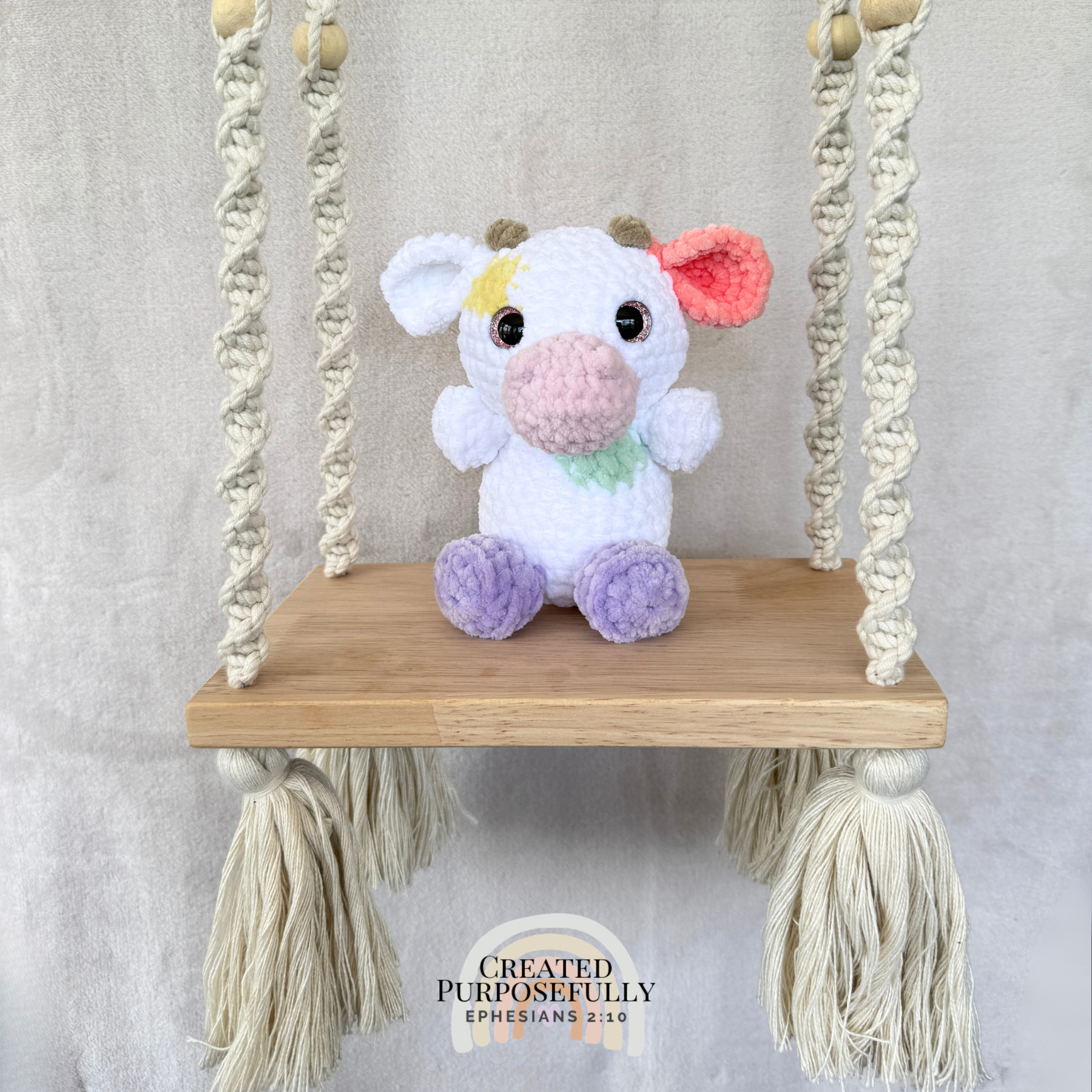 Handmade crochet cow plush in colorful and brown designs made with soft plush yarn