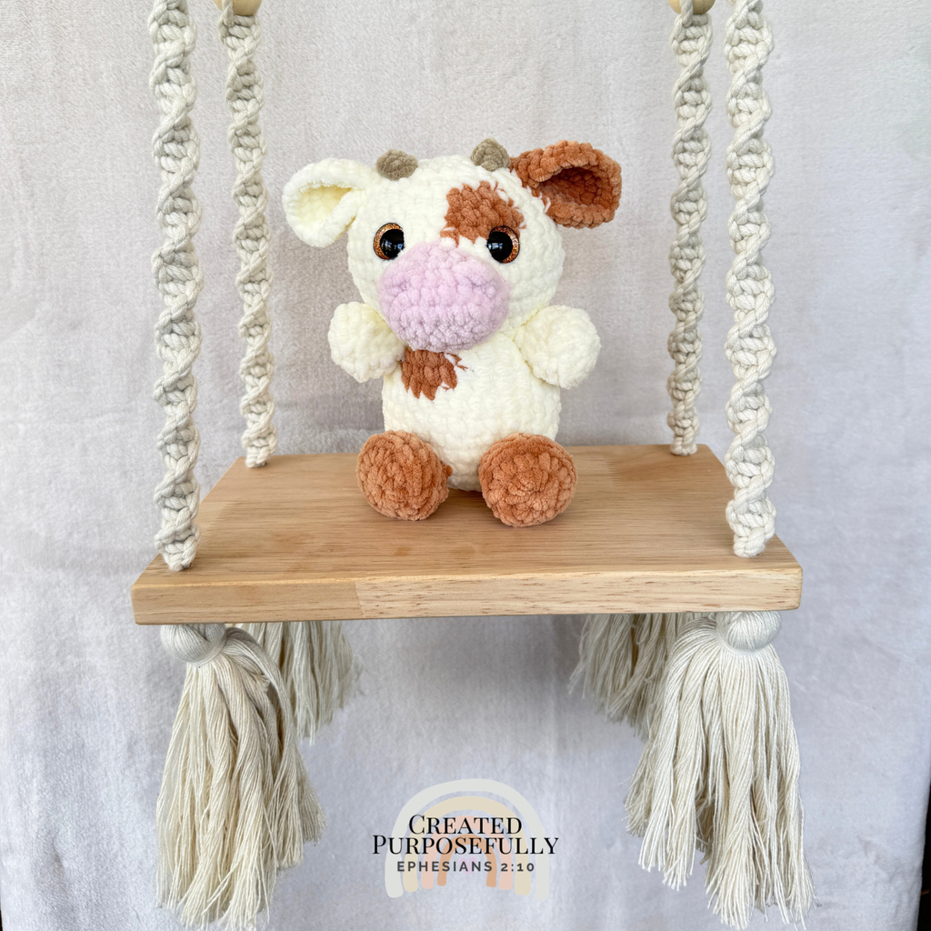 Handmade crochet cow plush in colorful and brown designs made with soft plush yarn