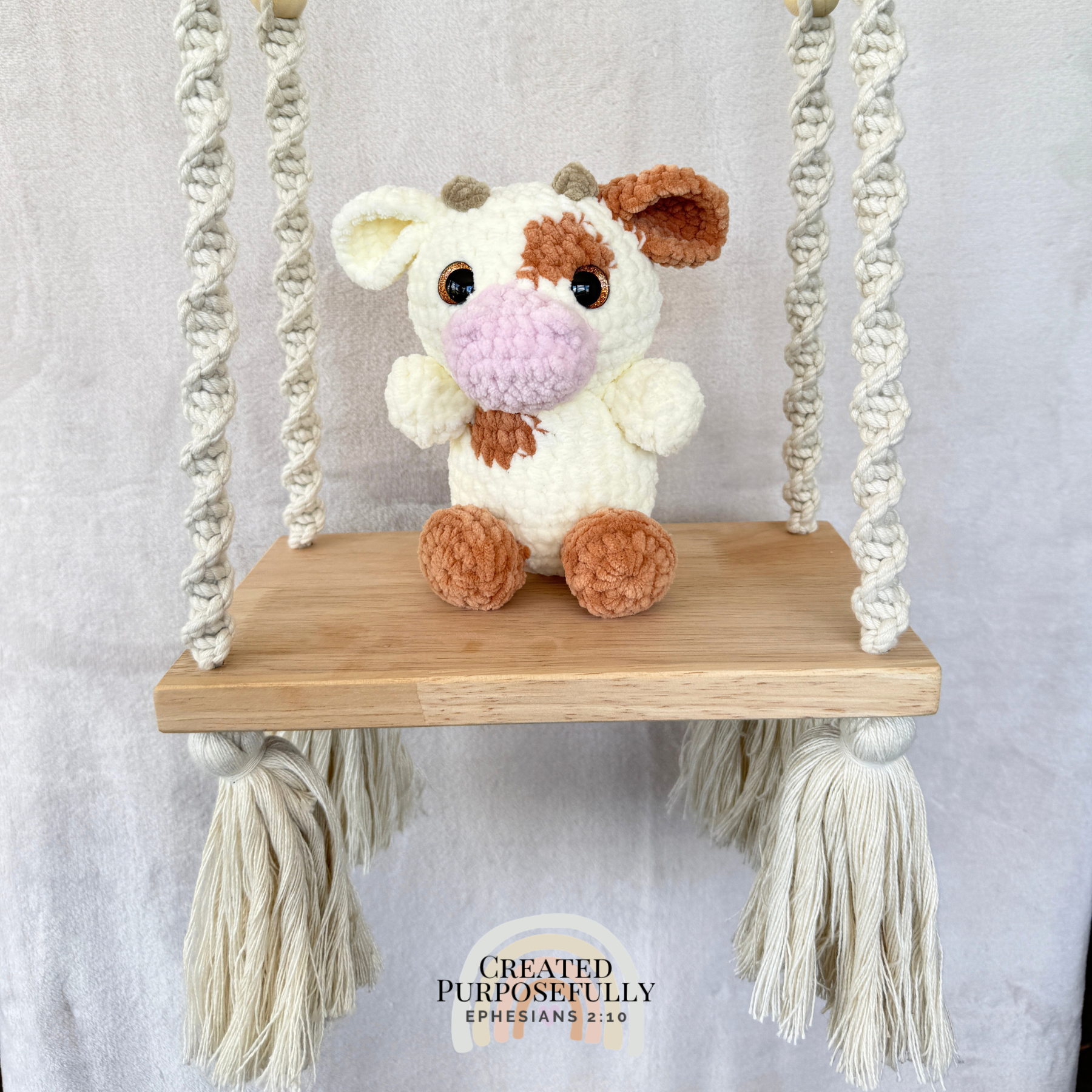 Handmade crochet cow plush in colorful and brown designs made with soft plush yarn
