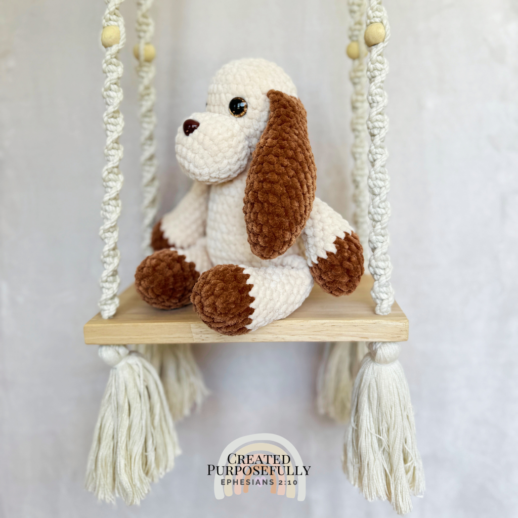 Handmade gray and tan crochet dog plush made with soft plush yarn and adorable handmade details