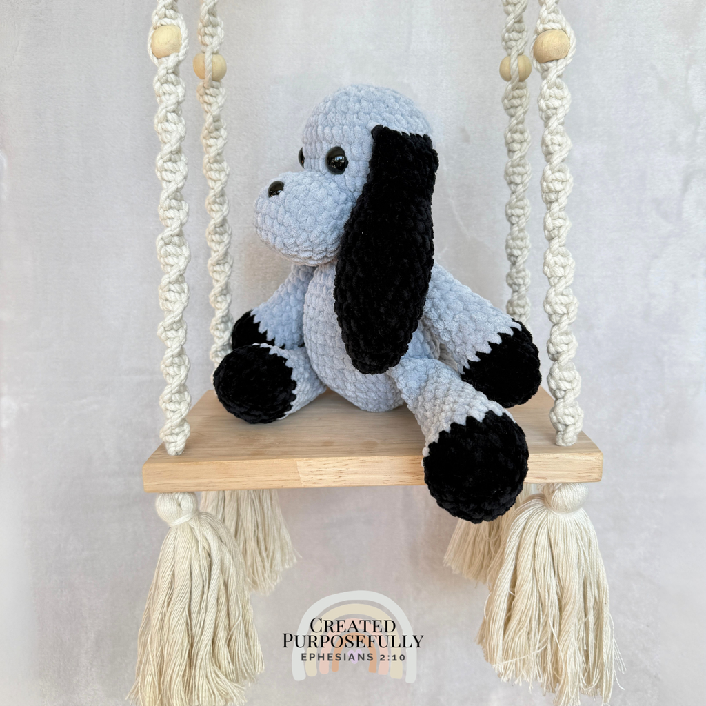 Handmade gray and tan crochet dog plush made with soft plush yarn and adorable handmade details