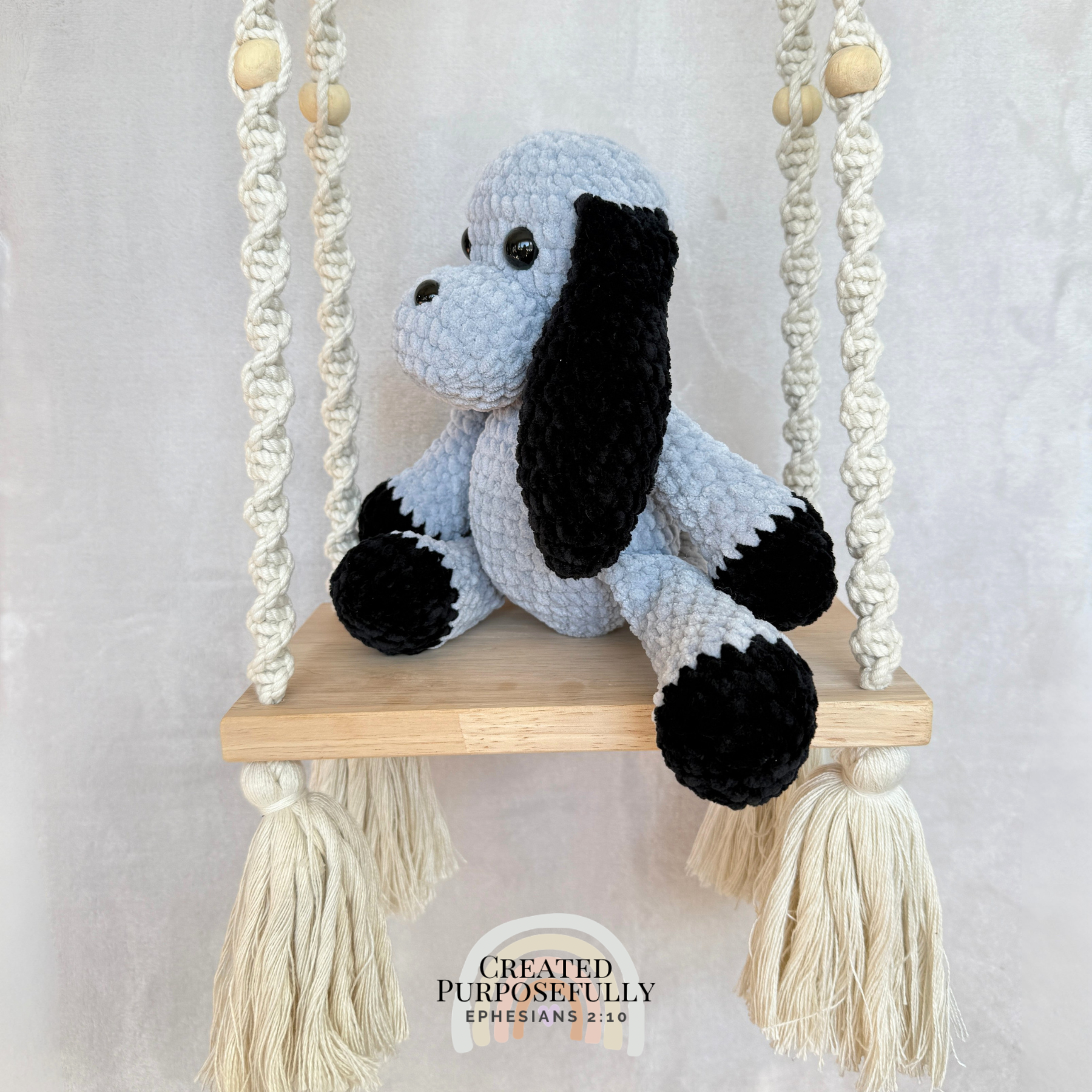 Handmade gray and tan crochet dog plush made with soft plush yarn and adorable handmade details