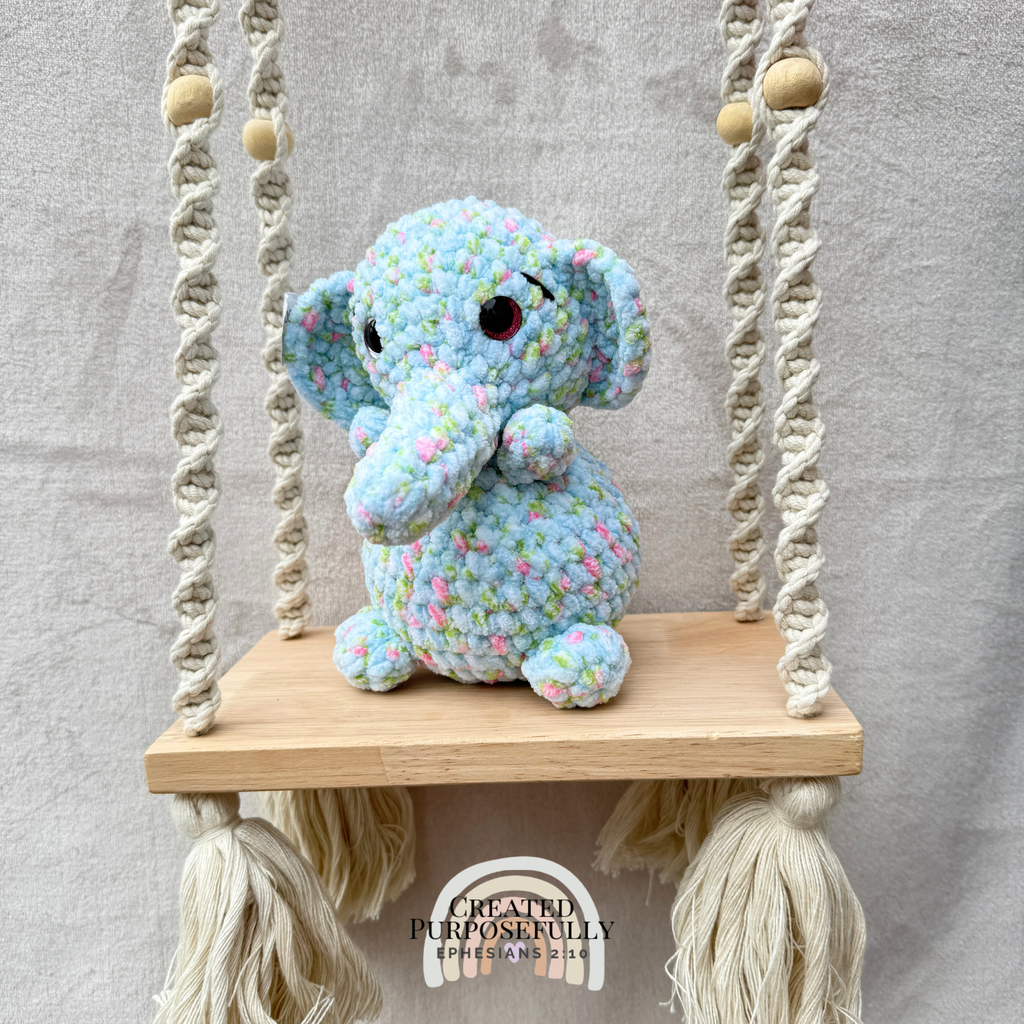 Handmade crochet elephant plush made with soft plush yarn, a cute stuffed elephant gift for kids, animal lovers, and plush collectors.