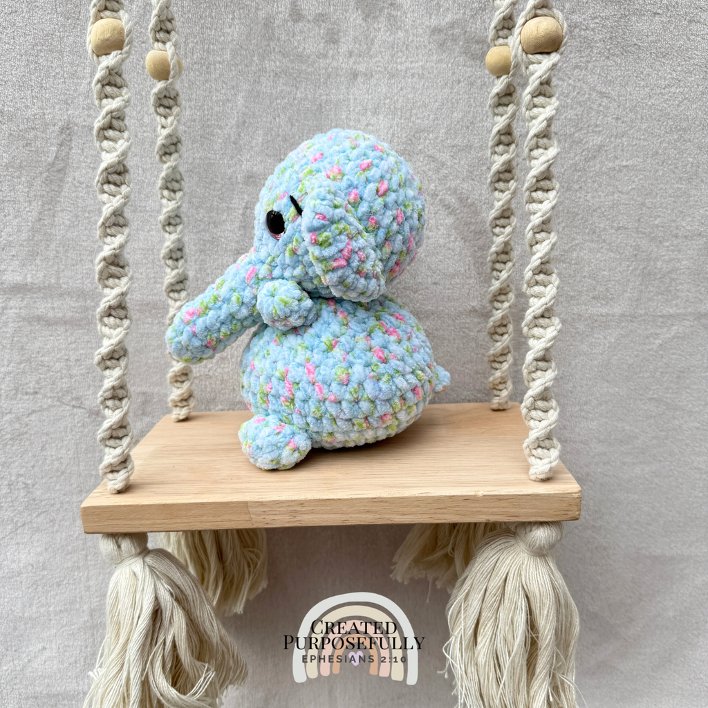 Handmade crochet elephant plush made with soft plush yarn, a cute stuffed elephant gift for kids, animal lovers, and plush collectors.
