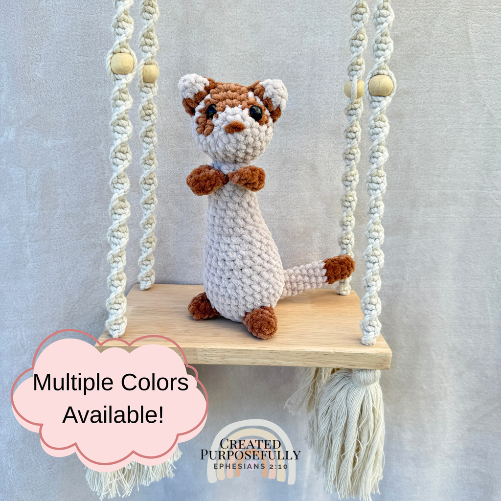 Handmade crochet ferret plush with a long cuddly body made with soft yarn by Created Purposefully