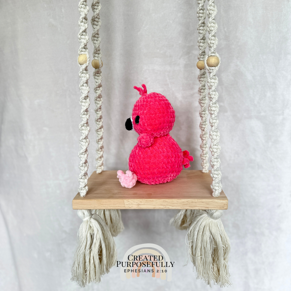 Handmade pink crochet flamingo plush made with soft yarn by Created Purposefully