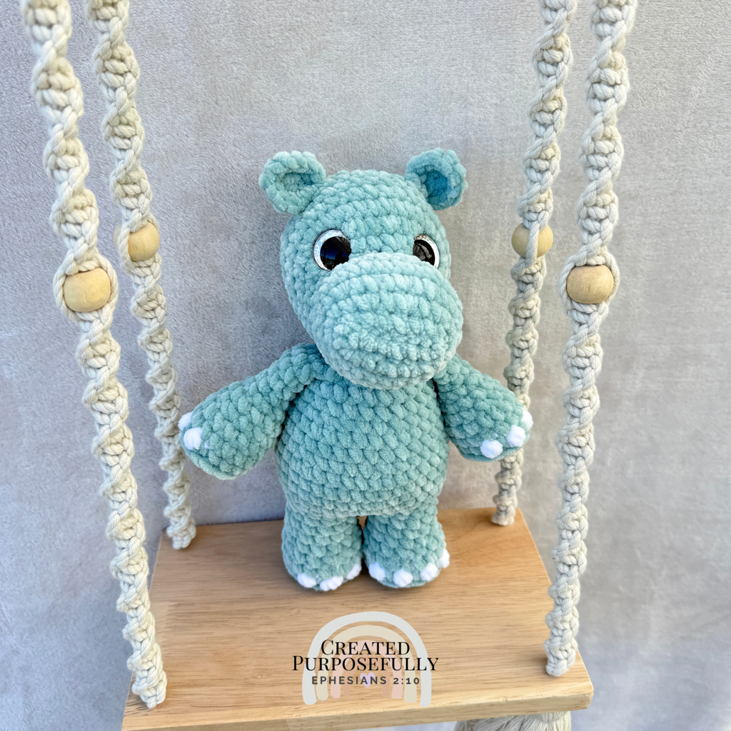 Handmade crochet hippo plush made with soft cuddly yarn and available in multiple colors by Created Purposefully