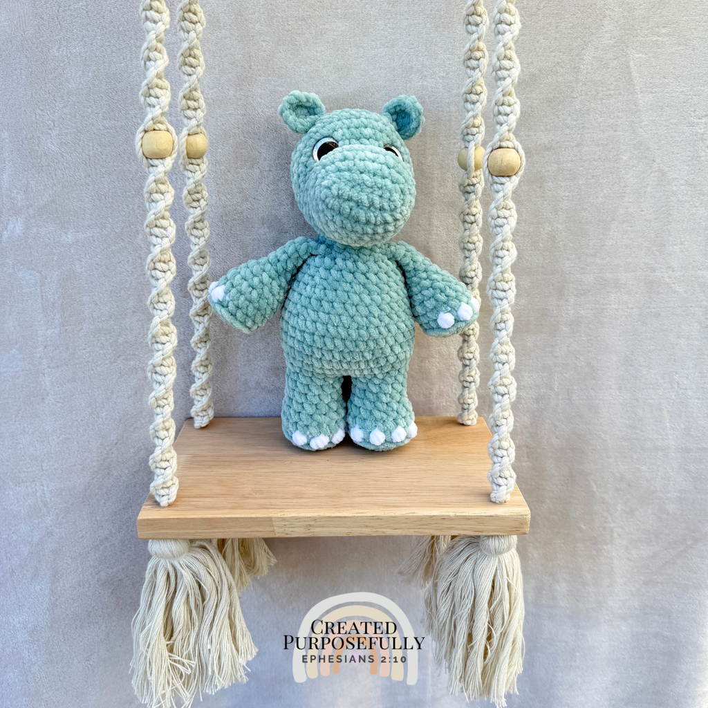 Handmade crochet hippo plush made with soft cuddly yarn and available in multiple colors by Created Purposefully