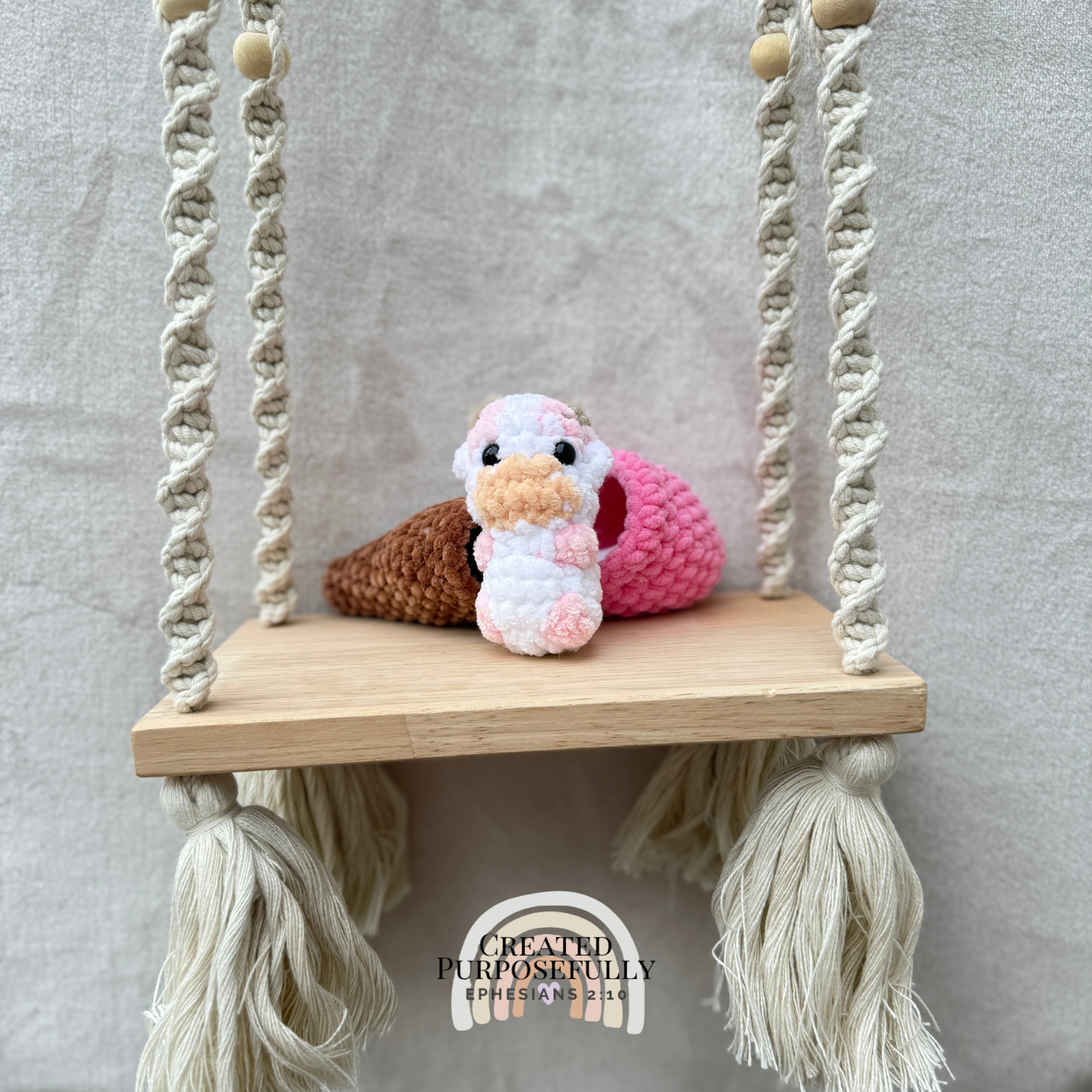 Handmade crochet Ice Cream Cow plush with a mini cow inside a soft ice cream cone, made with plush yarn for kids and cow lovers.