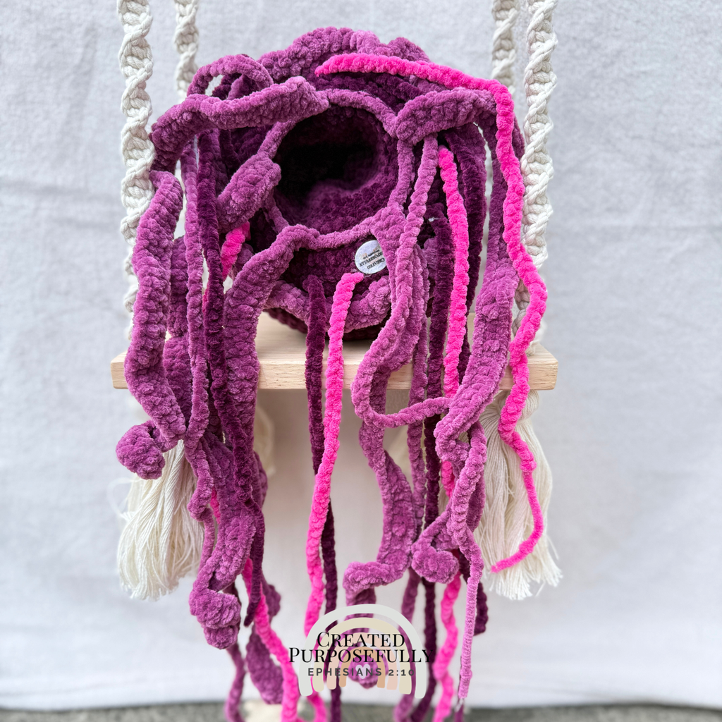 Handmade crochet jellyfish family with one mama jellyfish and two baby jellyfish made with soft plush yarn