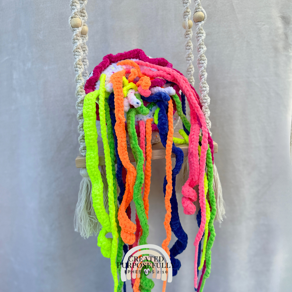 Handmade crochet jellyfish family with one mama jellyfish and two baby jellyfish made with soft plush yarn