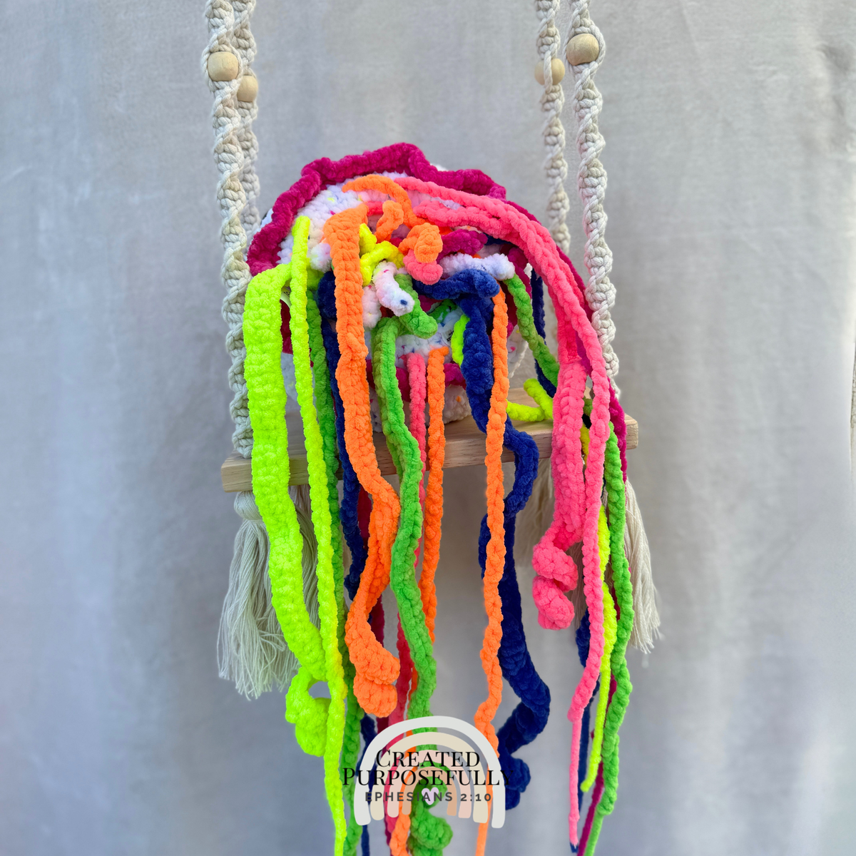 Handmade crochet jellyfish family with one mama jellyfish and two baby jellyfish made with soft plush yarn