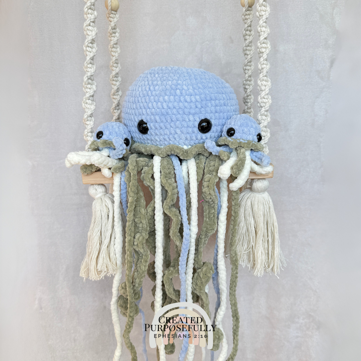 Handmade crochet jellyfish family with one mama jellyfish and two