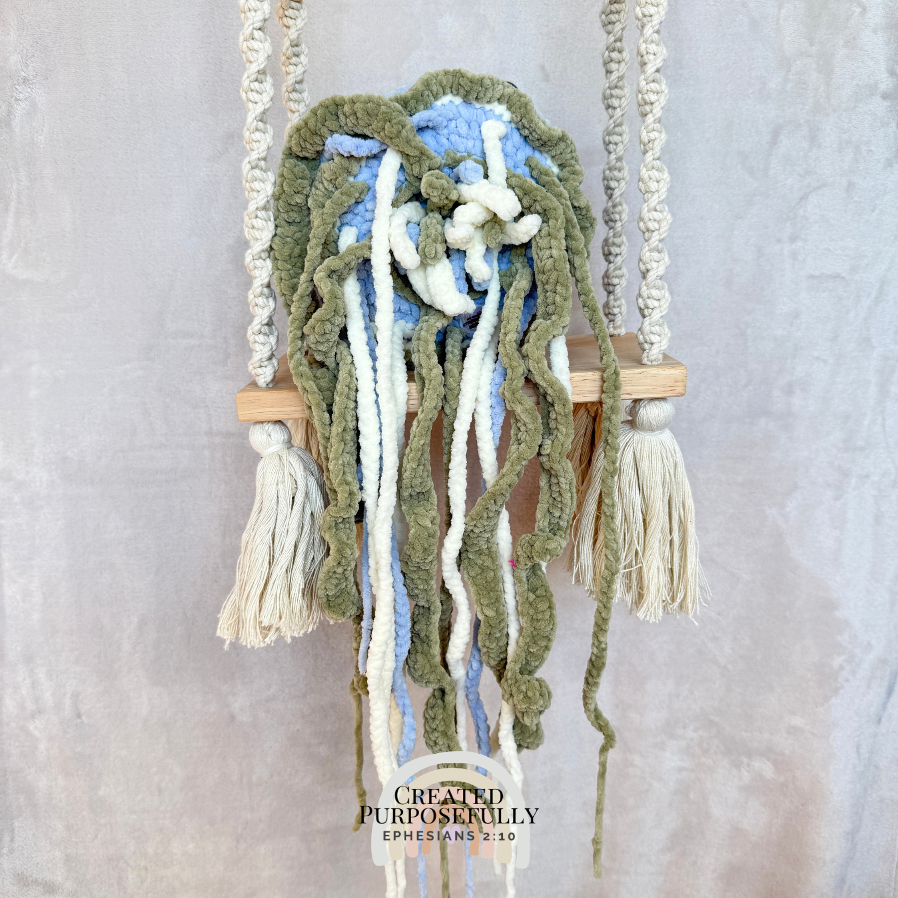 Handmade crochet jellyfish family with one mama jellyfish and two baby jellyfish made with soft plush yarn