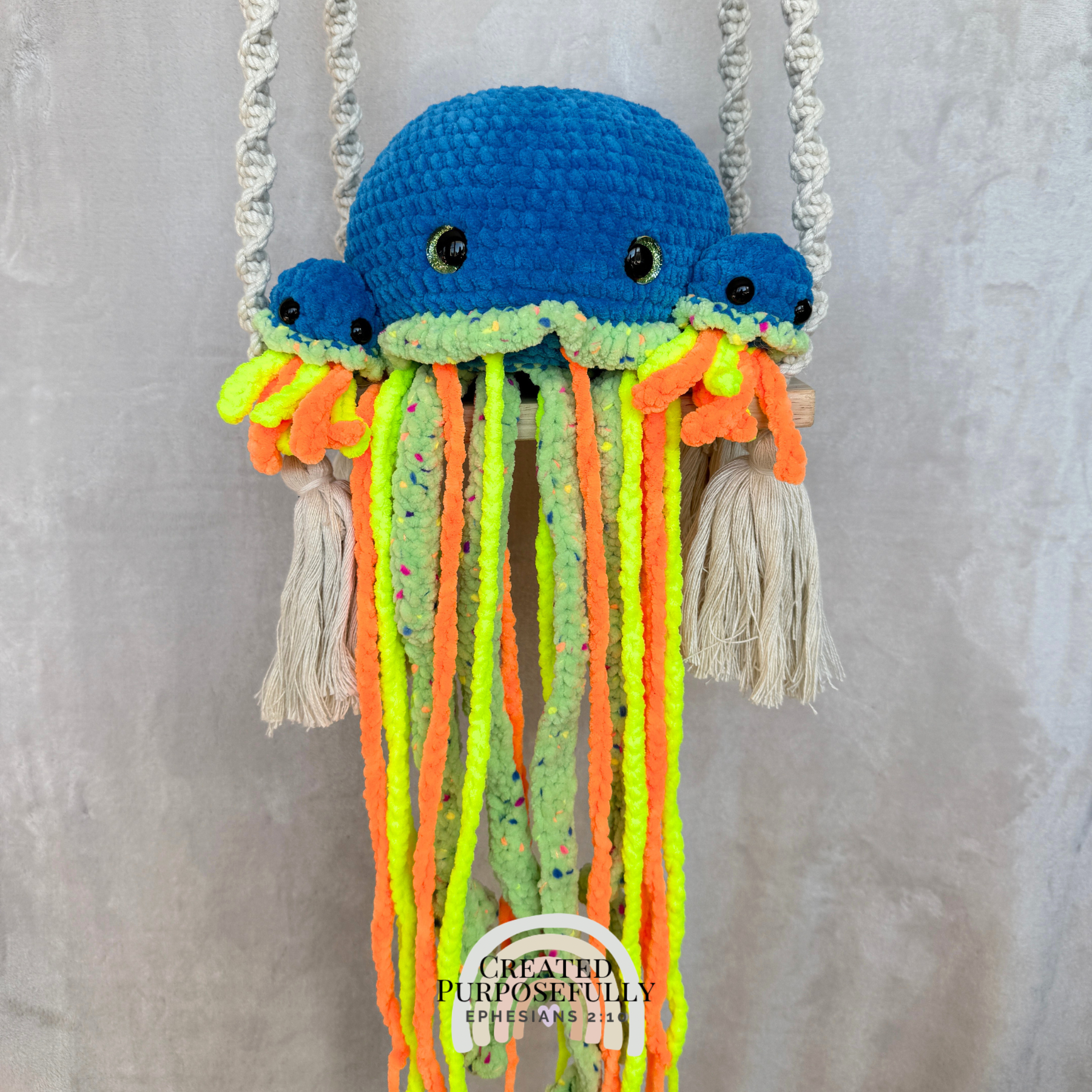 Handmade crochet jellyfish family with one mama jellyfish and two baby jellyfish made with soft plush yarn