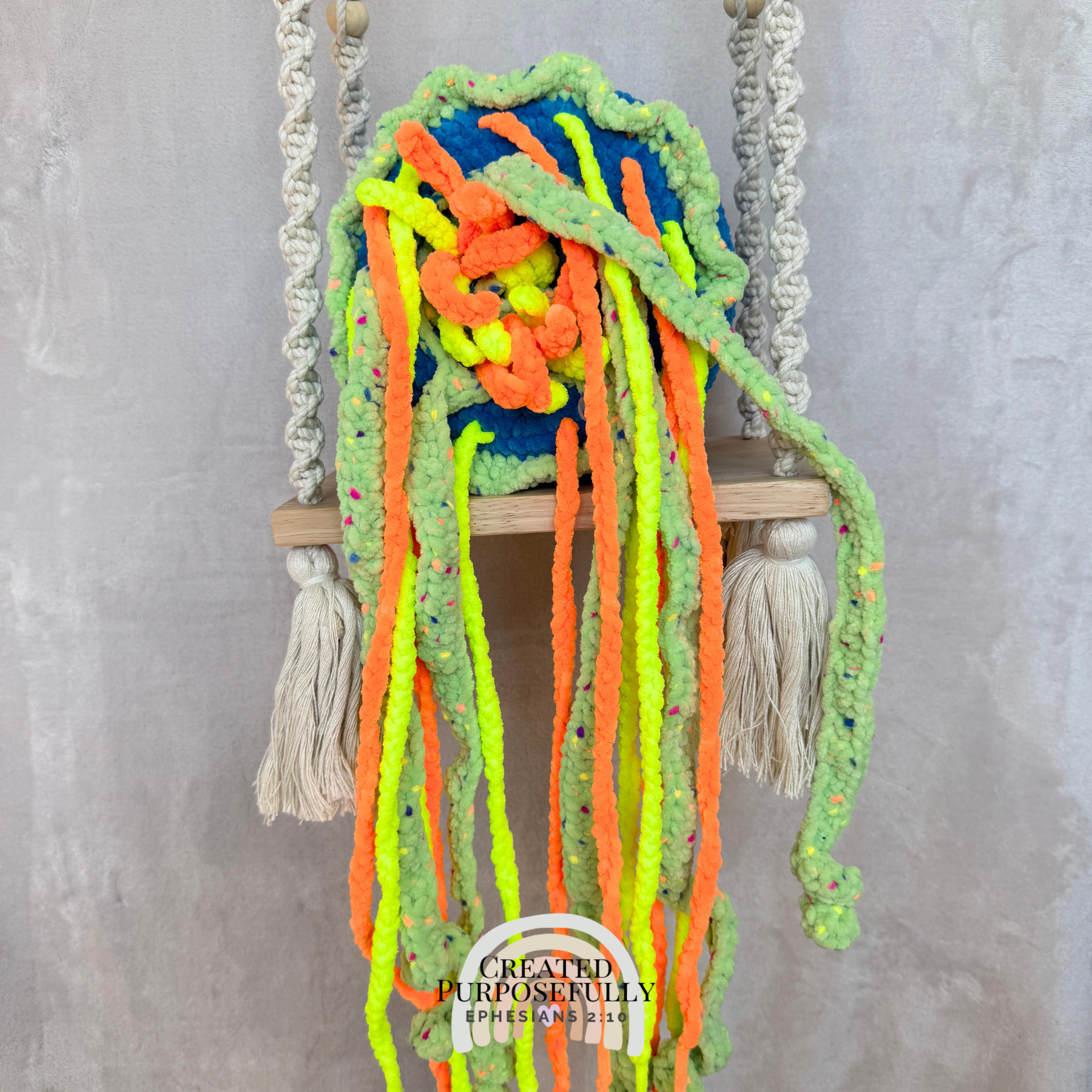 Handmade crochet jellyfish family with one mama jellyfish and two baby jellyfish made with soft plush yarn