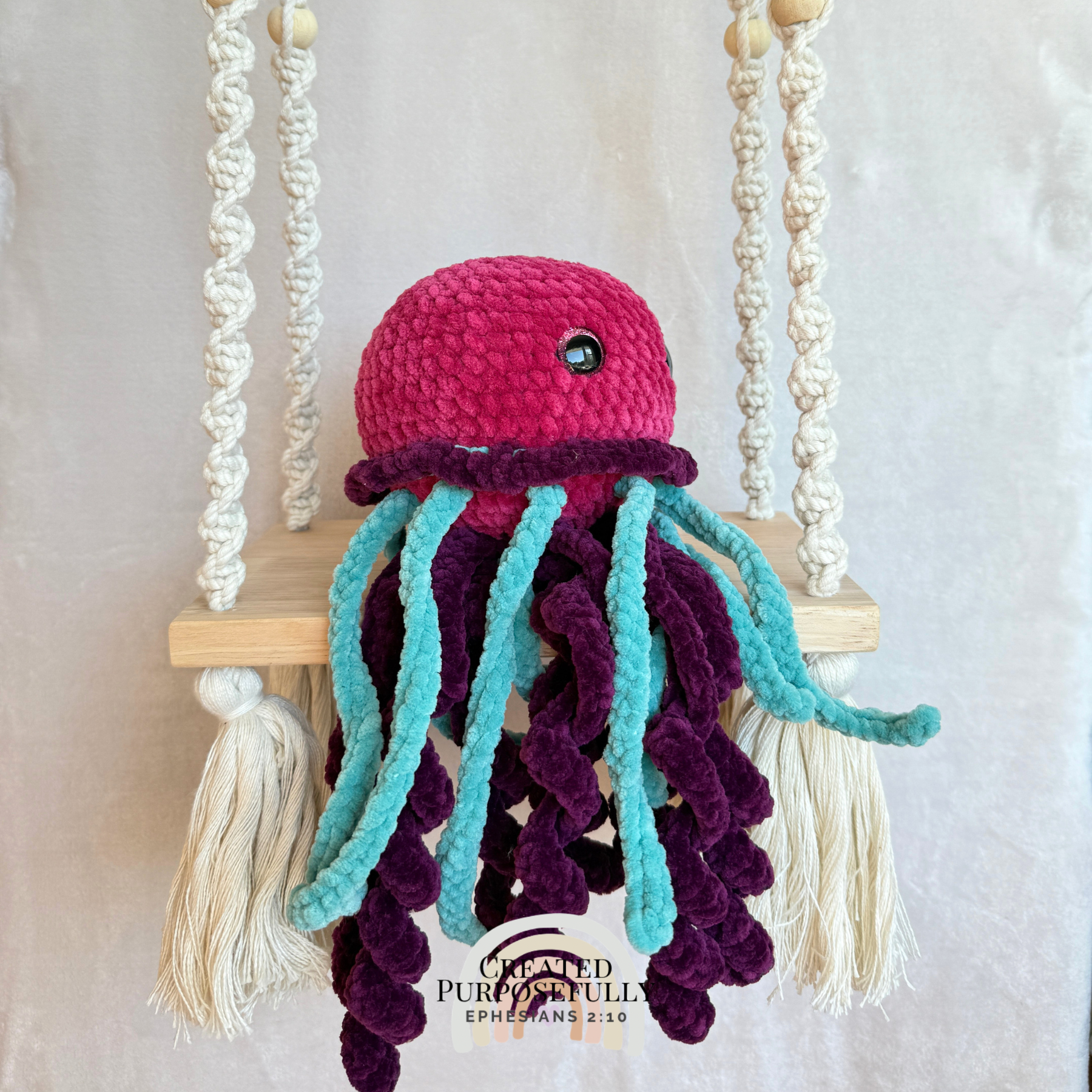 Handmade crochet jellyfish plush made with soft plush yarn and adorable ocean animal details