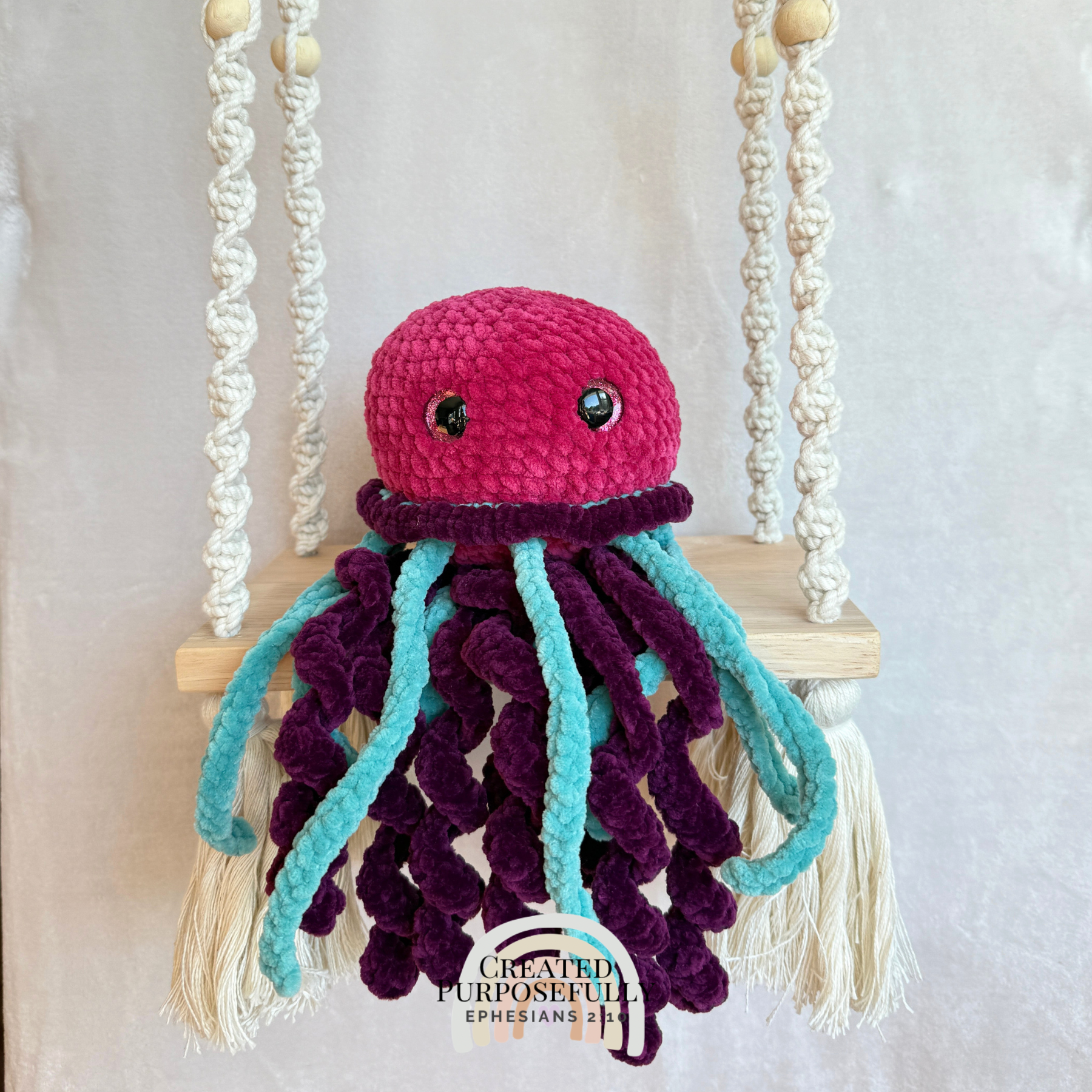Handmade crochet jellyfish plush made with soft plush yarn and adorable ocean animal details