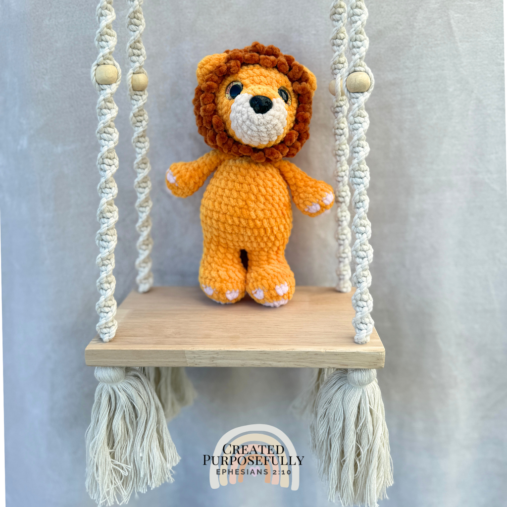 Handmade crochet lion plush with a fluffy mane made with soft cuddly yarn by Created Purposefully