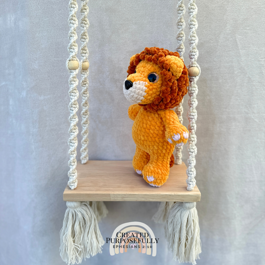Handmade crochet lion plush with a fluffy mane made with soft cuddly yarn by Created Purposefully