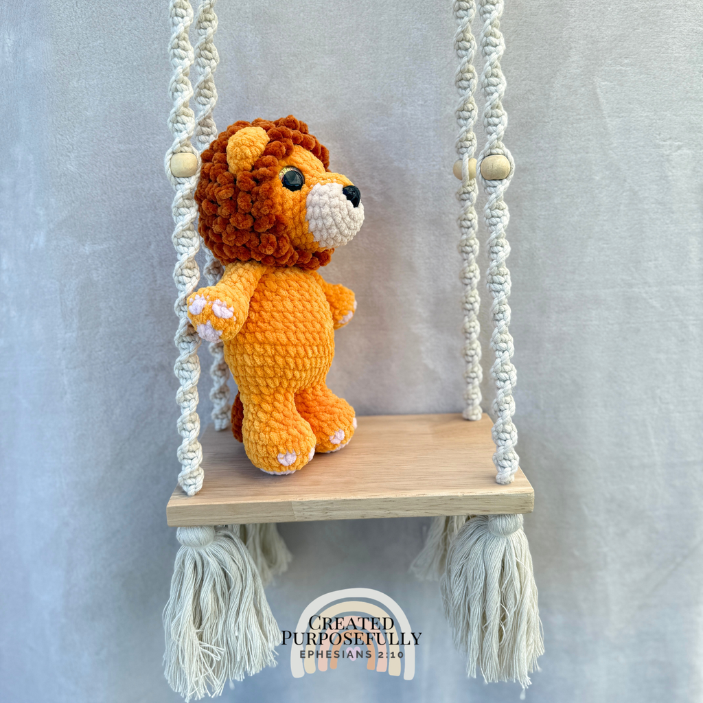 Handmade crochet lion plush with a fluffy mane made with soft cuddly yarn by Created Purposefully