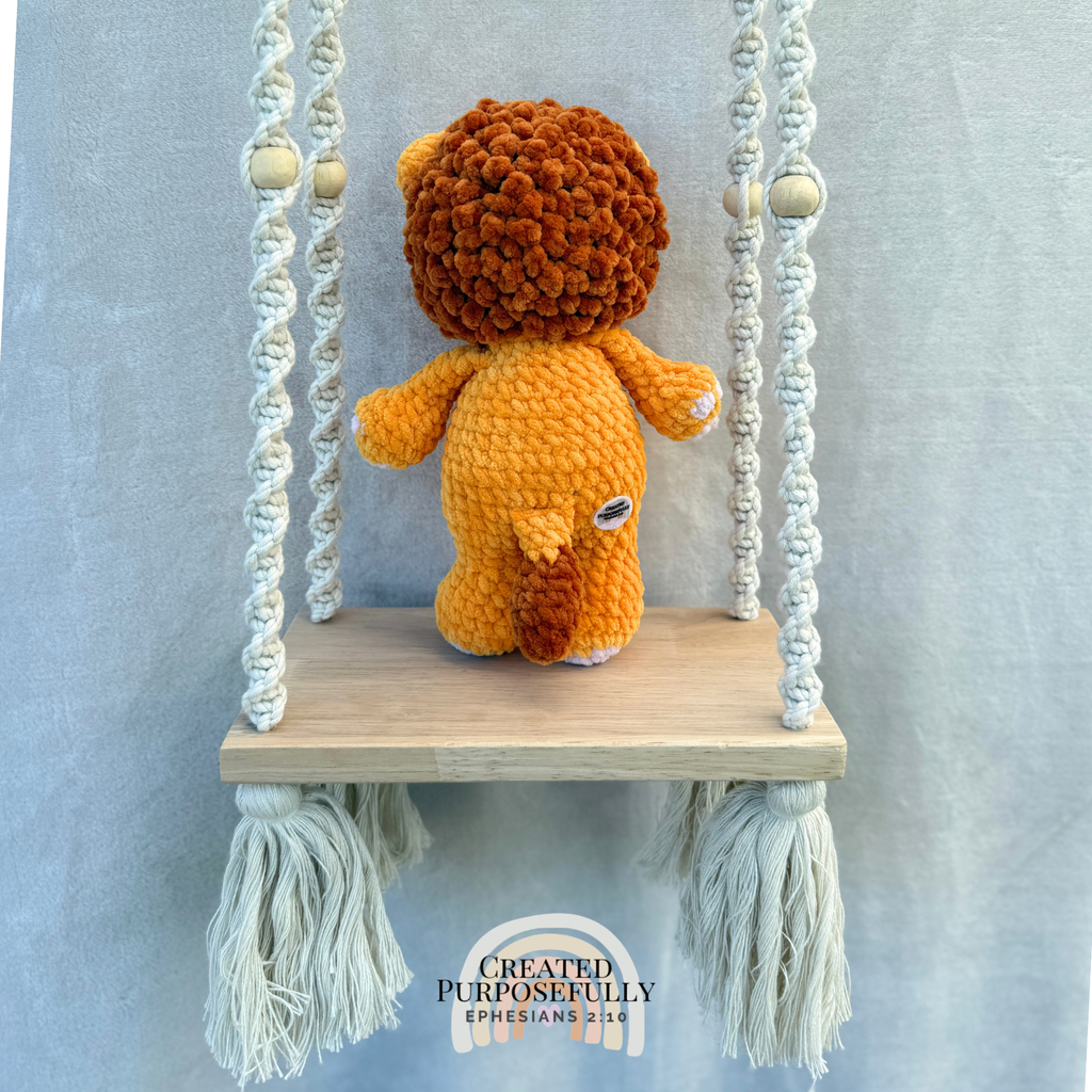 Handmade crochet lion plush with a fluffy mane made with soft cuddly yarn by Created Purposefully
