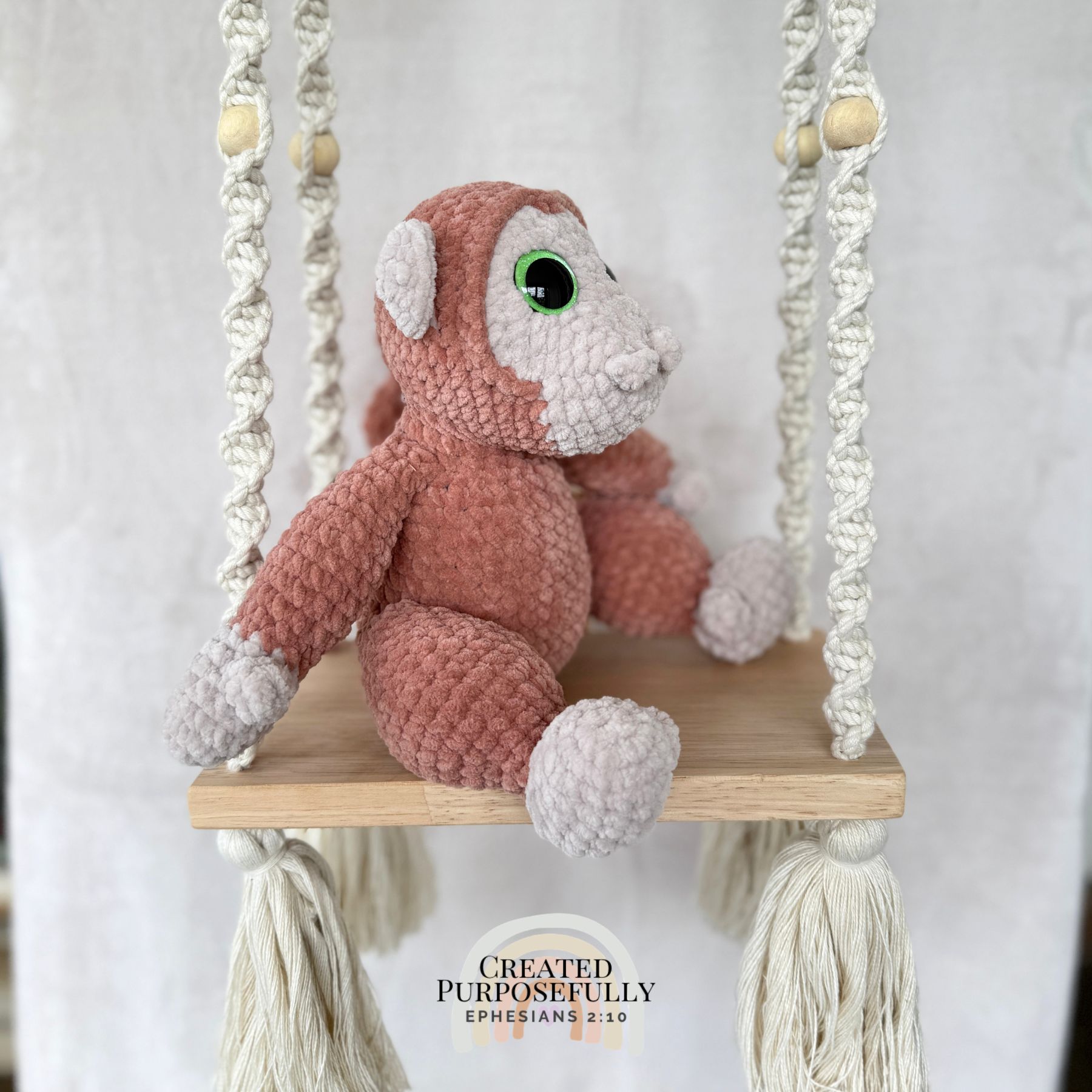 Handmade crochet monkey plush made with soft plush yarn and adorable handmade details