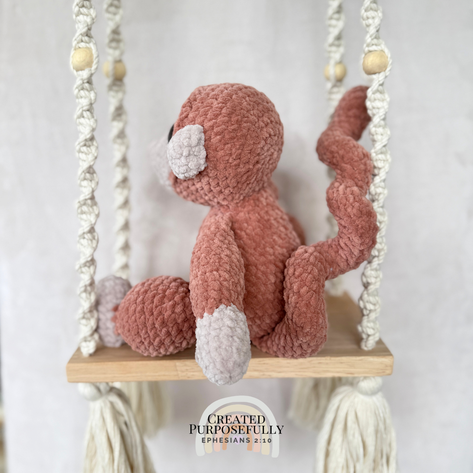 Handmade crochet monkey plush made with soft plush yarn and adorable handmade details