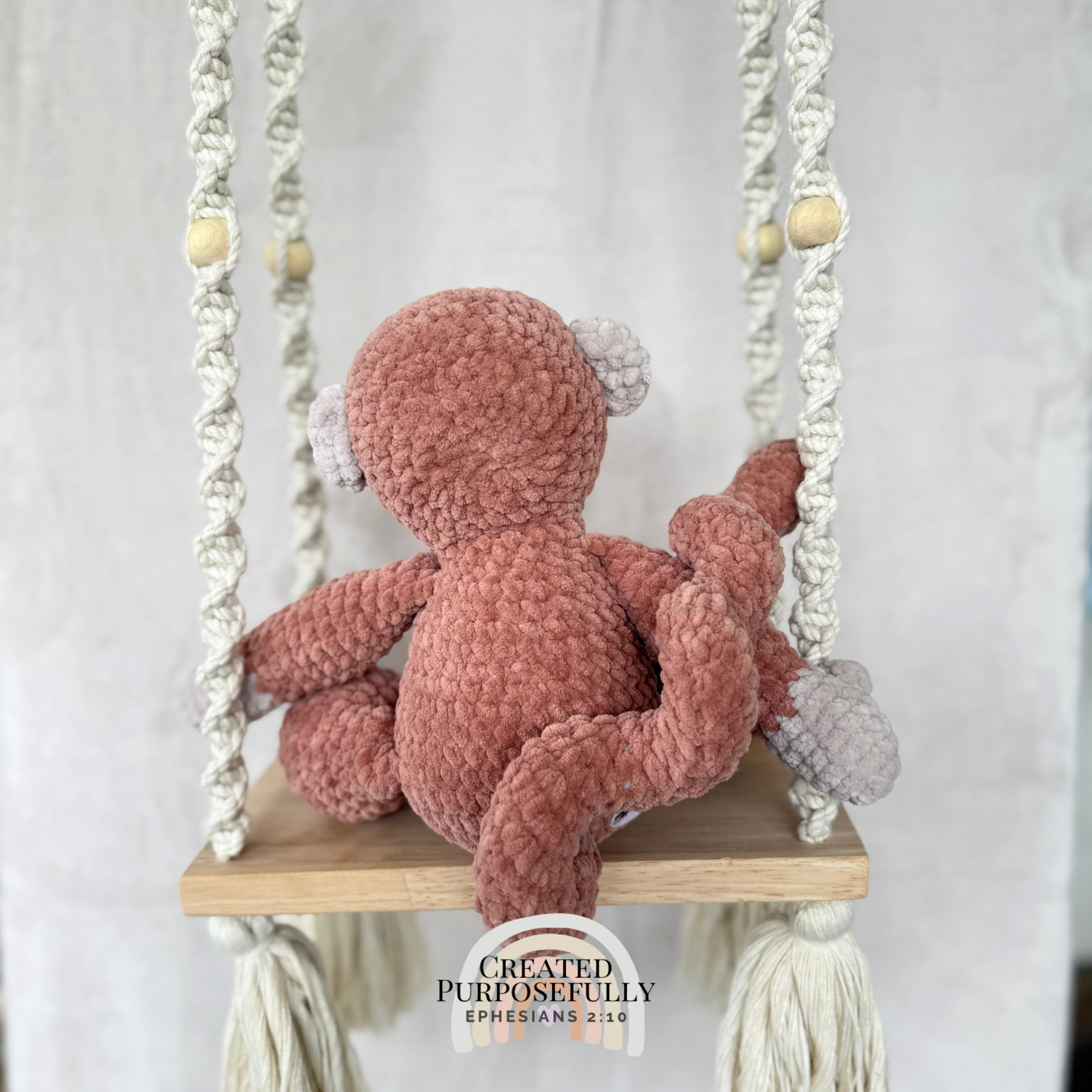 Handmade crochet monkey plush made with soft plush yarn and adorable handmade details