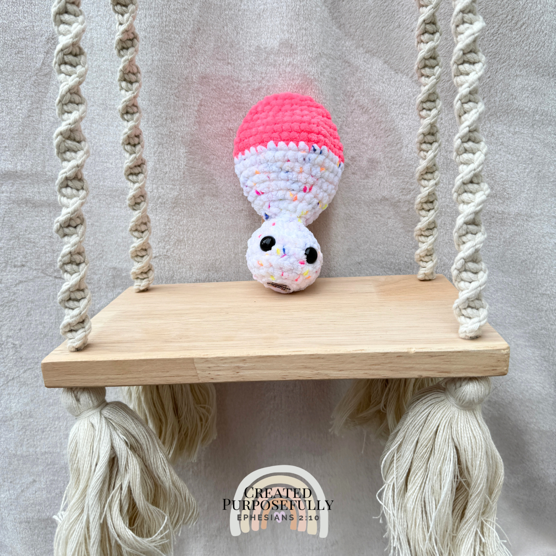 Handmade crochet mushroom pop fidget plush made with soft plush yarn, perfect as a sensory toy, gift, and cute handmade stuffed mushroom.