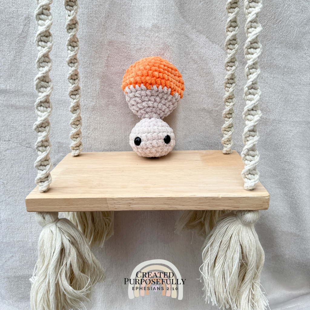 Handmade crochet mushroom pop fidget plush made with soft plush yarn, perfect as a sensory toy, gift, and cute handmade stuffed mushroom.