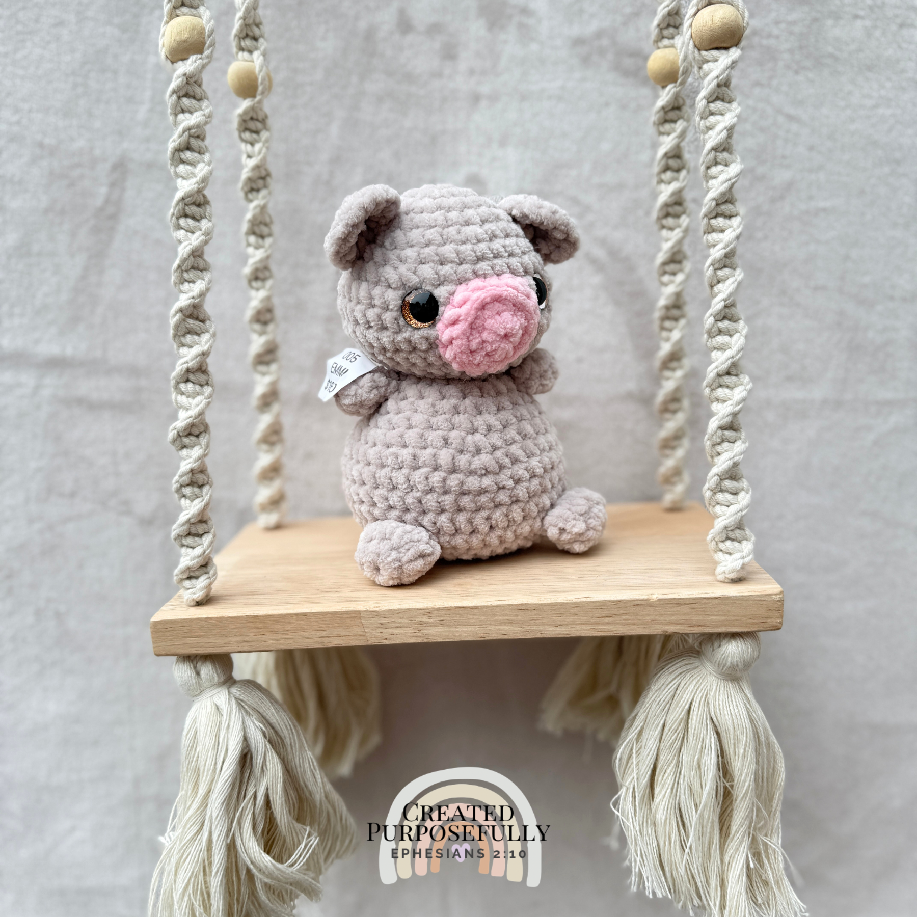 Handmade crochet pig plush made with soft plush yarn, a cute stuffed farm animal gift for kids, pig lovers, and plush collectors.