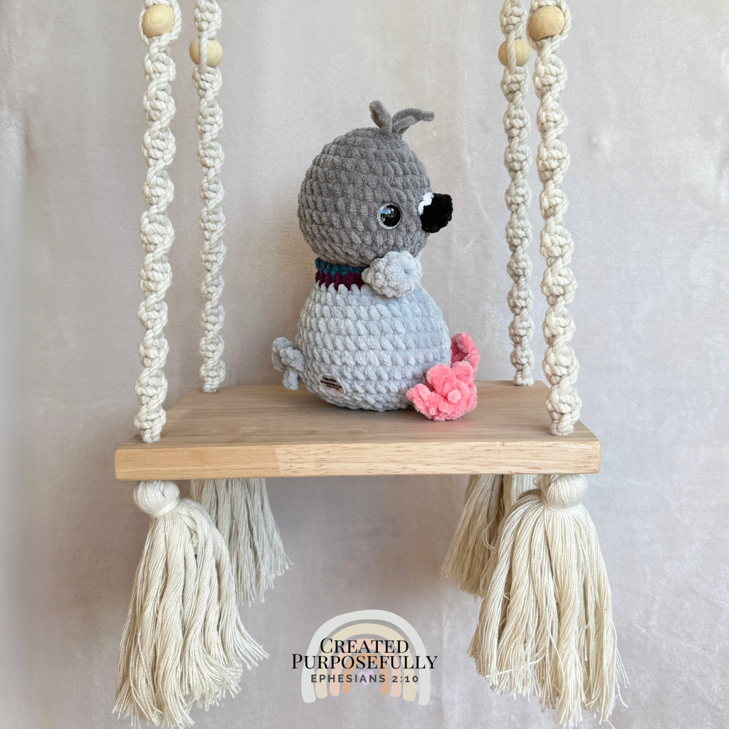 Handmade crochet pigeon plush made with soft plush yarn and adorable bird details