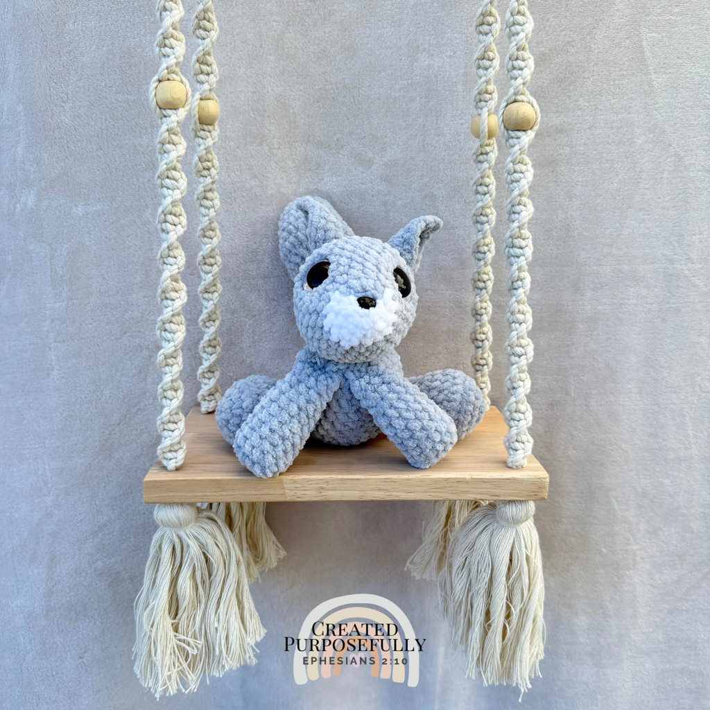 Handmade crochet squirrel plush with a bushy tail made with soft cuddly yarn by Created Purposefully