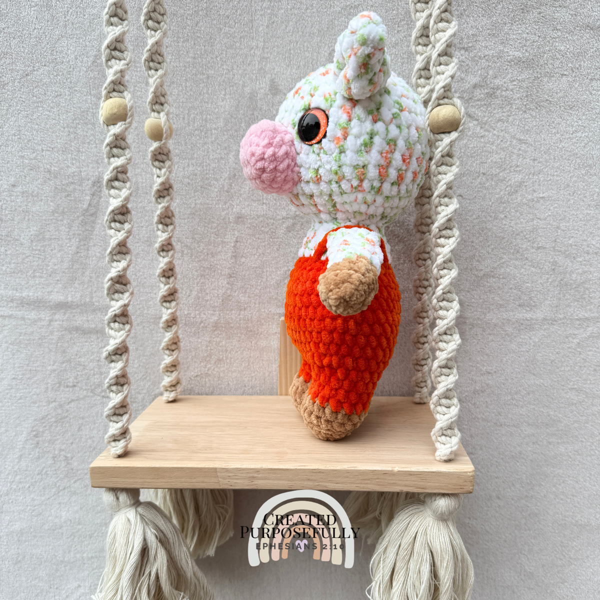 Handmade crochet standing cow made with ultra soft plush yarn. Choose purple, pink, or blue overalls. A sweet gift for cow lovers of all ages.